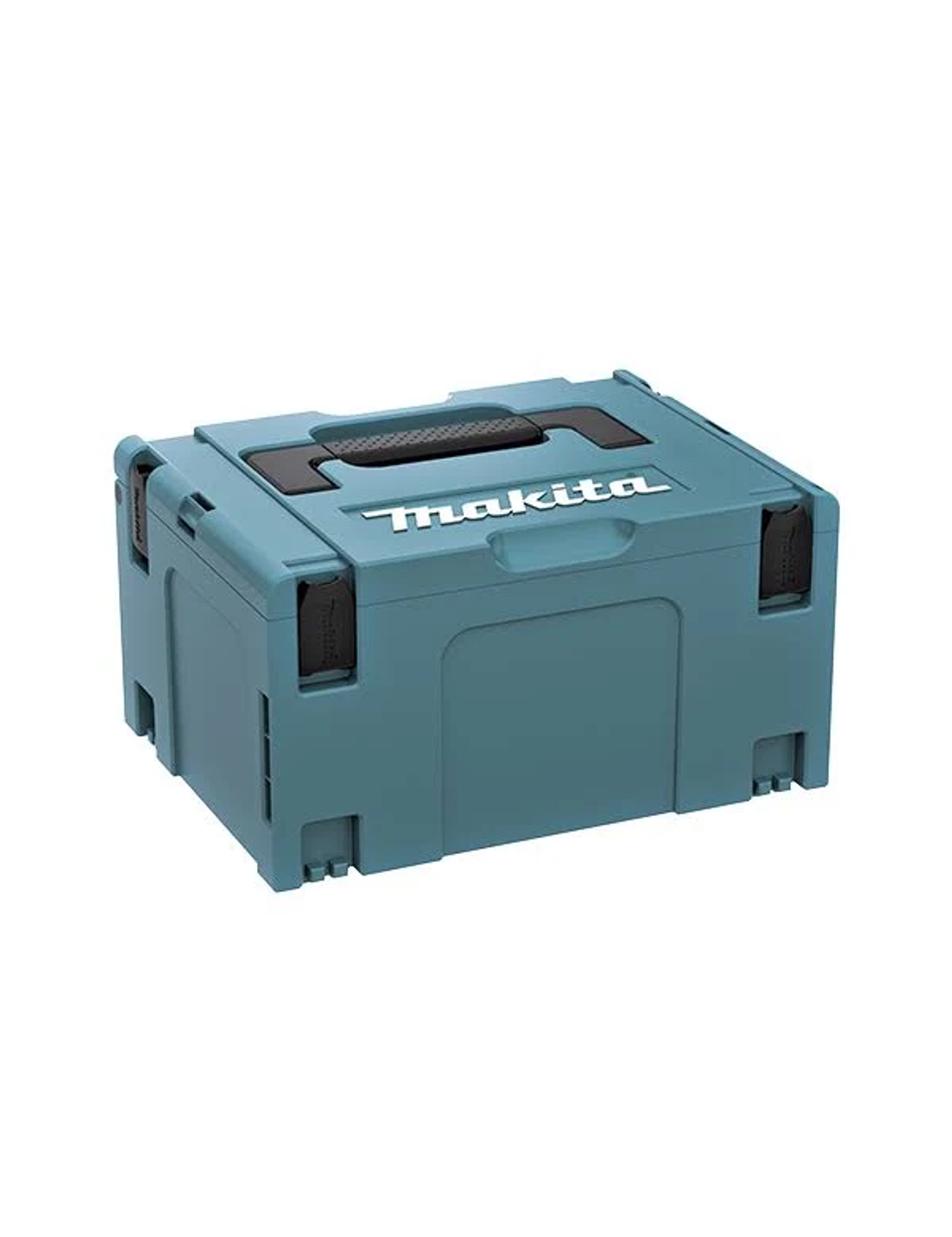Caja de herramientas Makita azul con asa negra, cerrada.