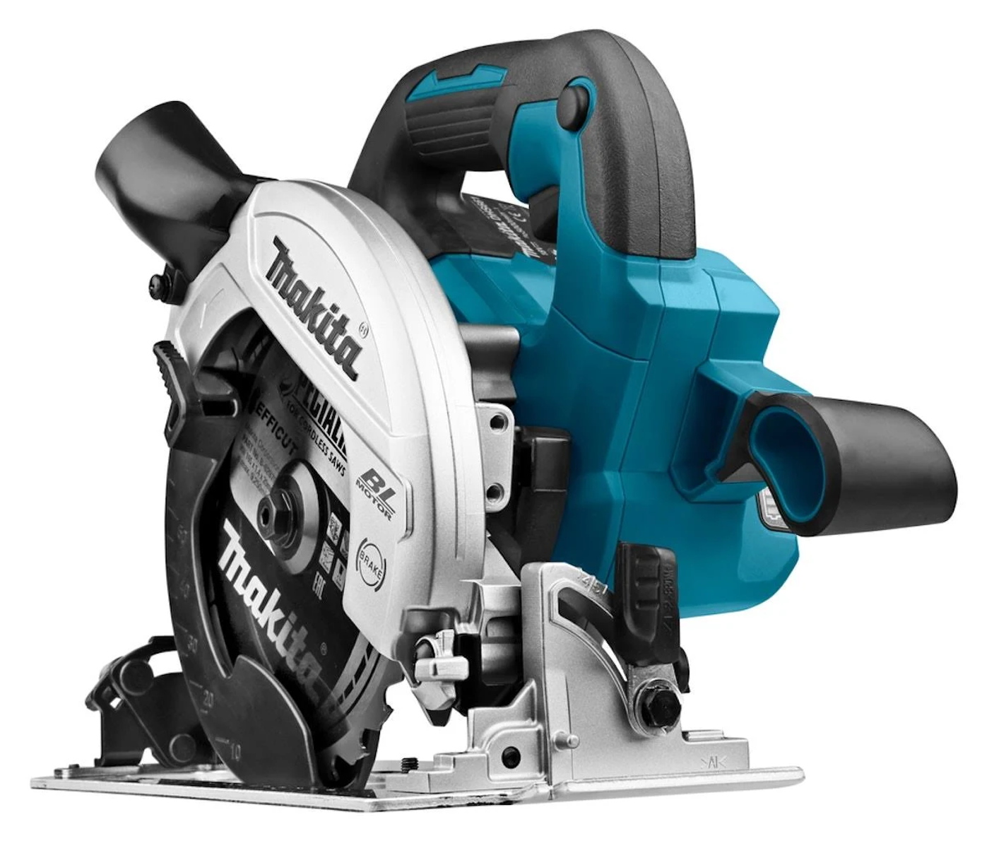 Sierra circular Makita con hoja negra y cuerpo azul turquesa y plata.