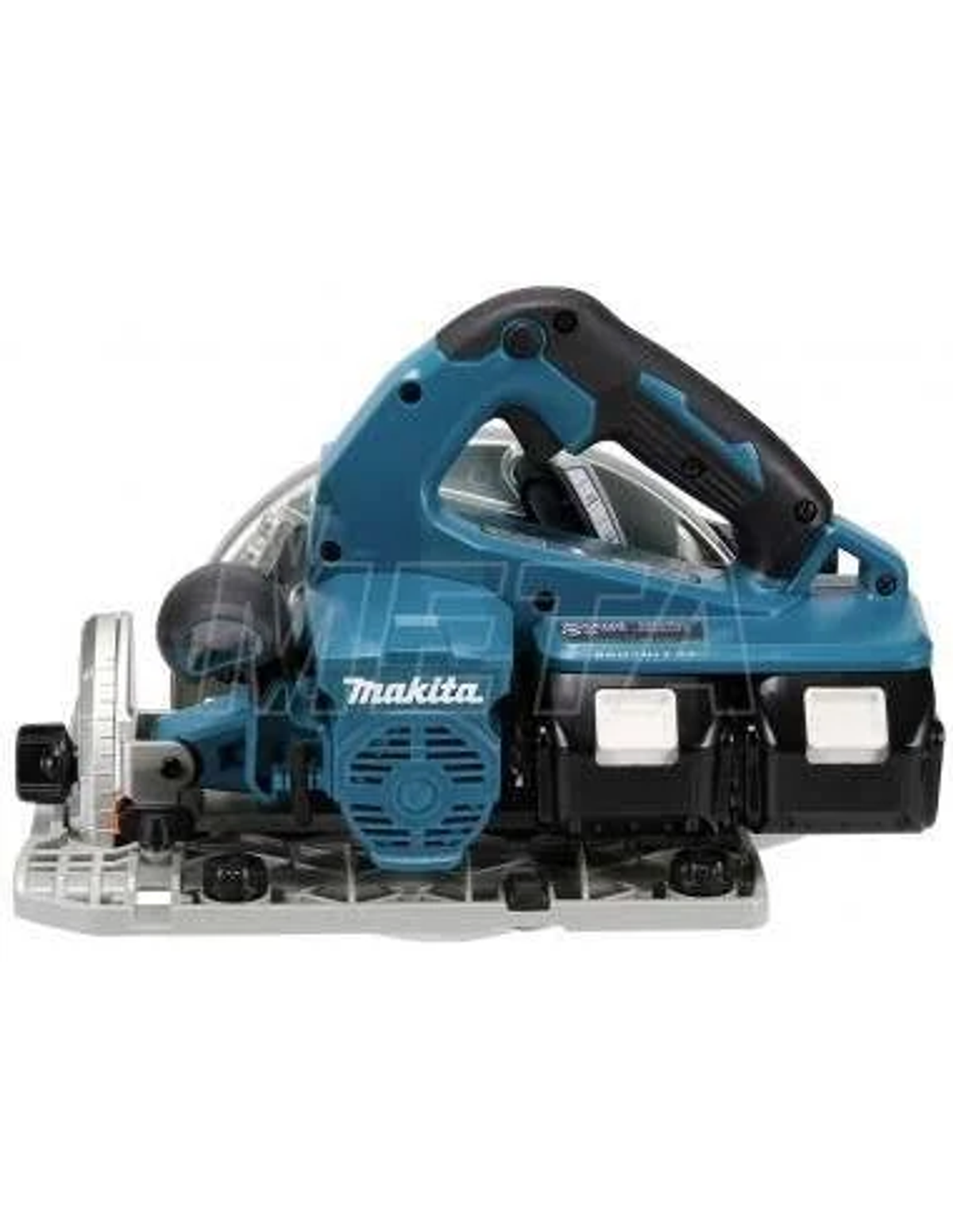 Eine türkis-schwarze Makita-Kreissäge. Die Säge steht auf einer grauen Basis. Das Makita-Logo ist sichtbar.