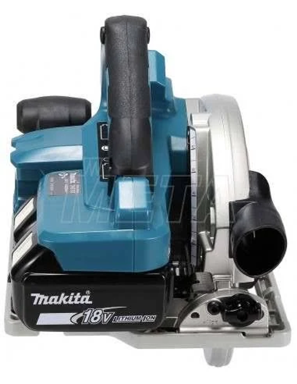 Eine blaue und silberne Makita-Kreissäge mit schwarzem Griff vor weißem Hintergrund.