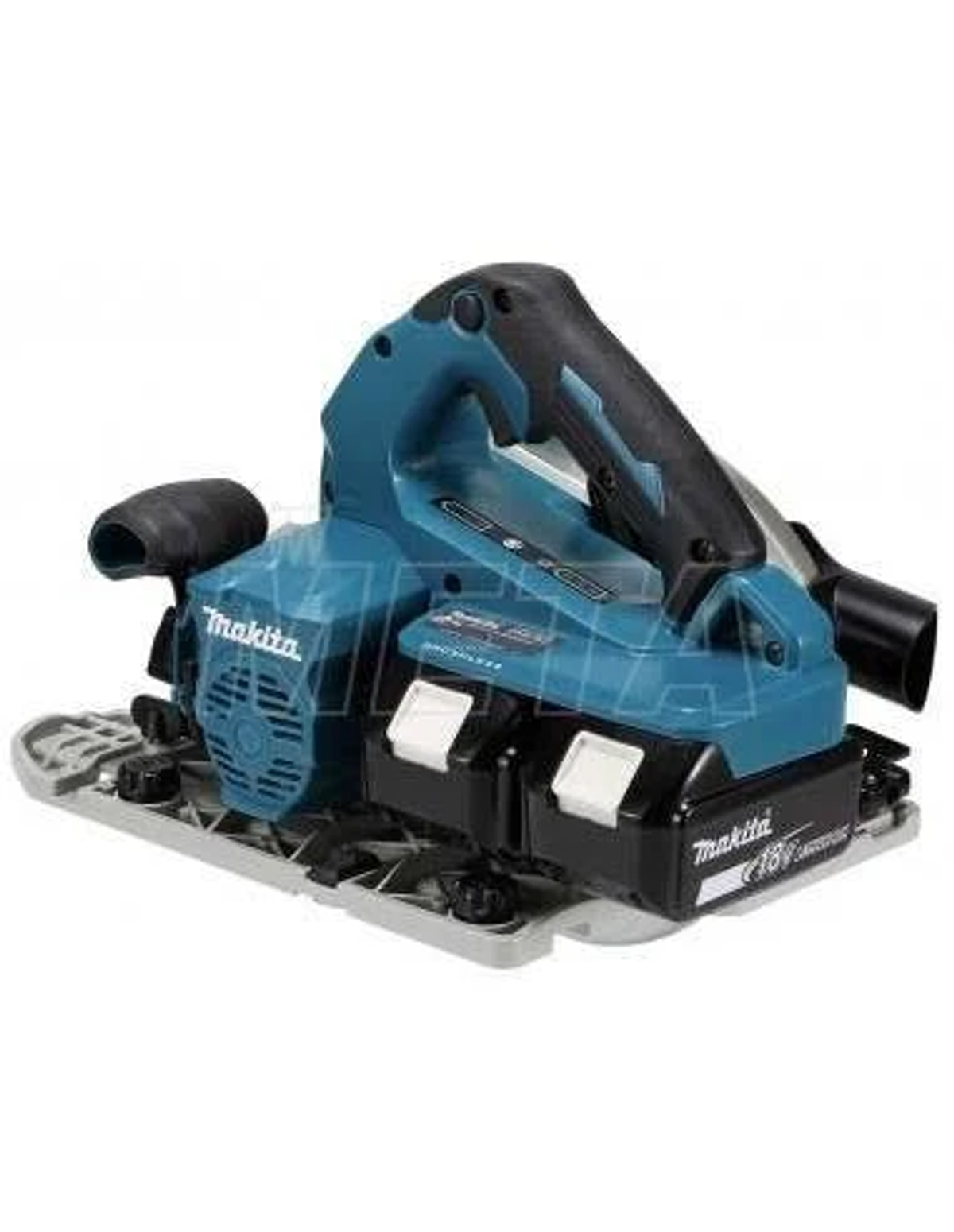 Eine blau-schwarze Makita Kreissäge, auf weißem Hintergrund.