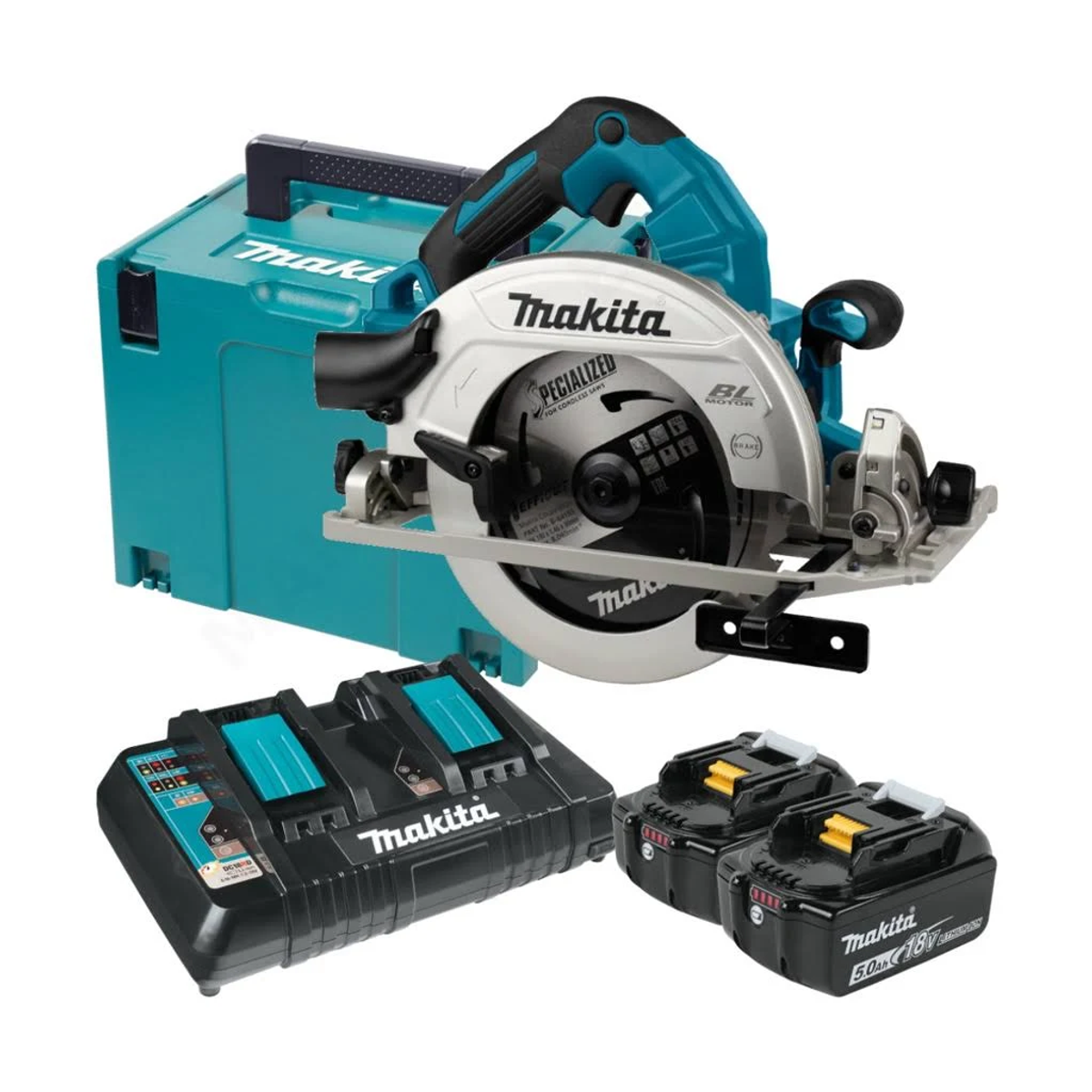 Eine teal-farbene Makita Kreissäge, ein Ladegerät und zwei Akkus. Die Säge ist in einem teal-farbenen Koffer.