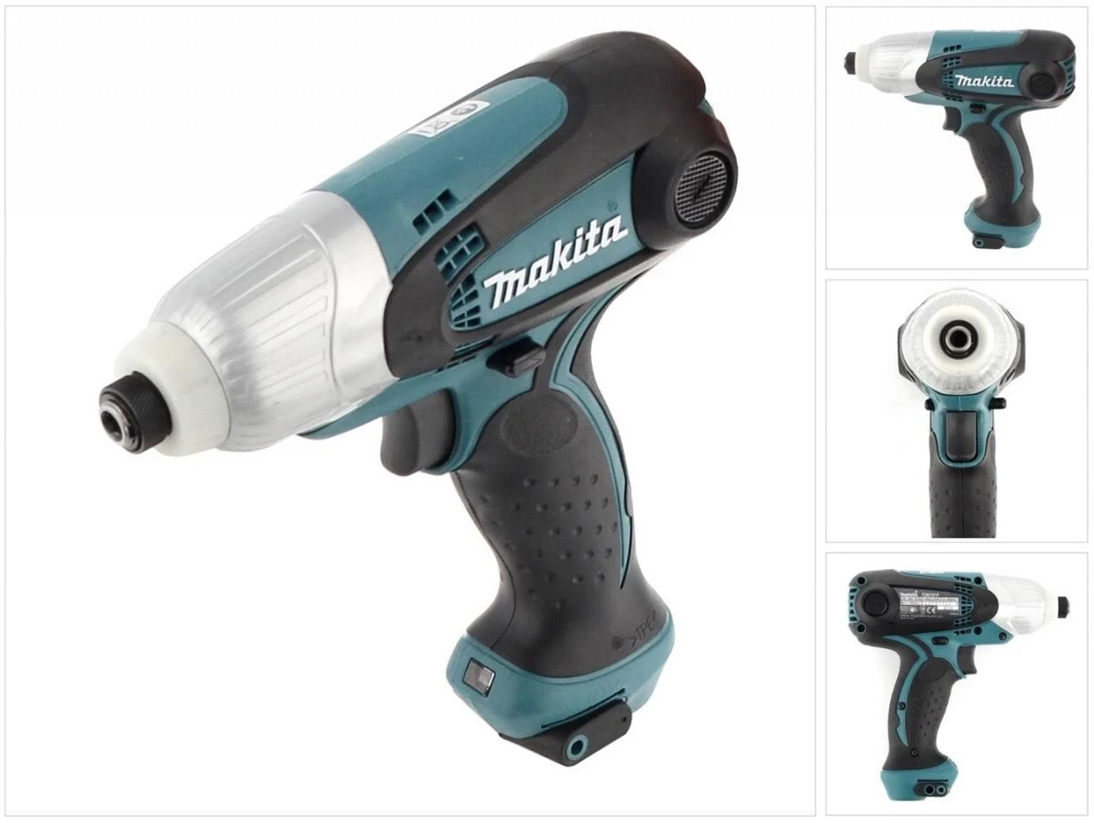 Zakrętarka udarowa Makita, turkusowa i czarna. Wiele kątów pokazano na białym tle.