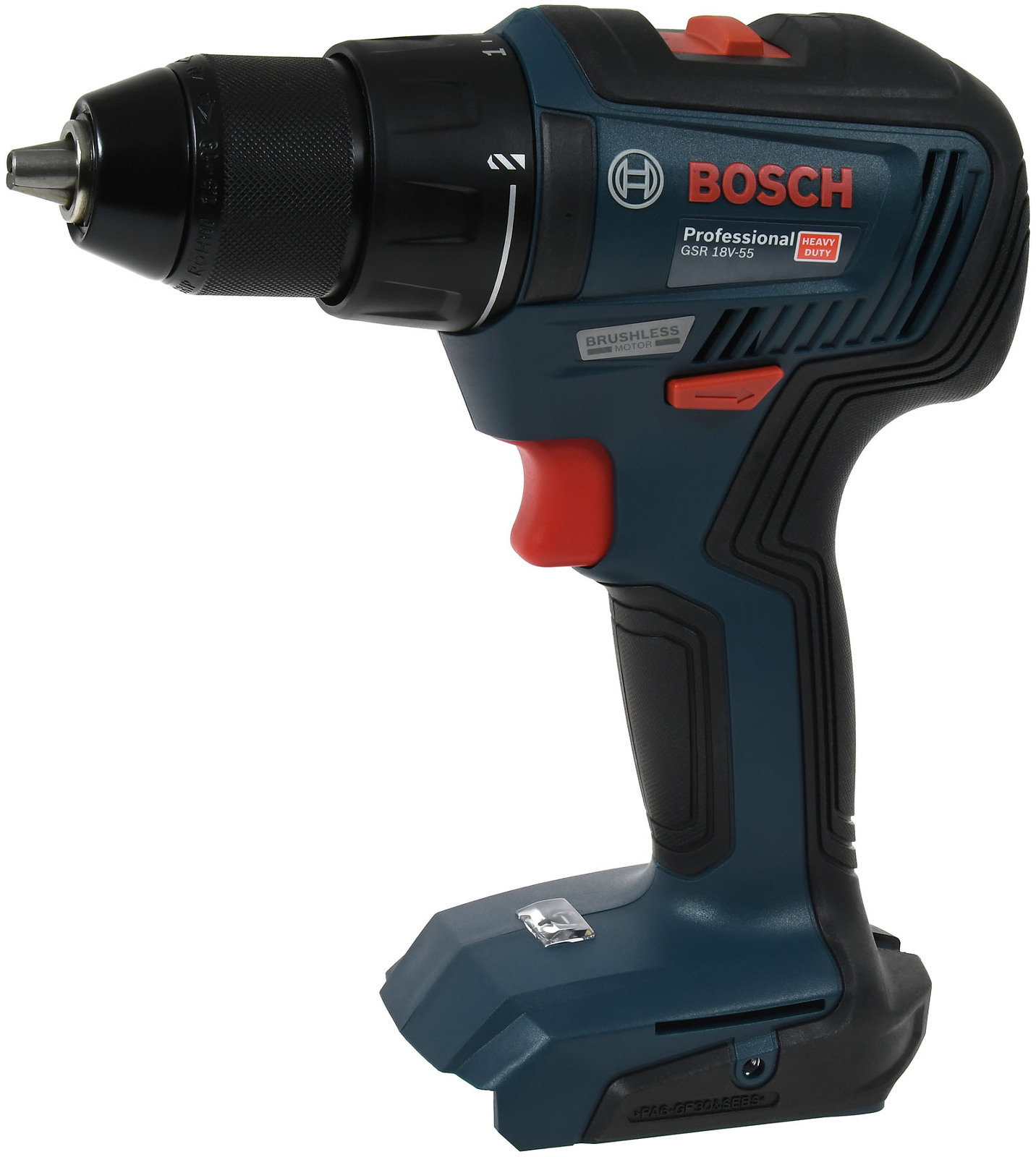 Un taladro Bosch inalámbrico, azul y negro, con gatillo rojo, sobre fondo blanco.