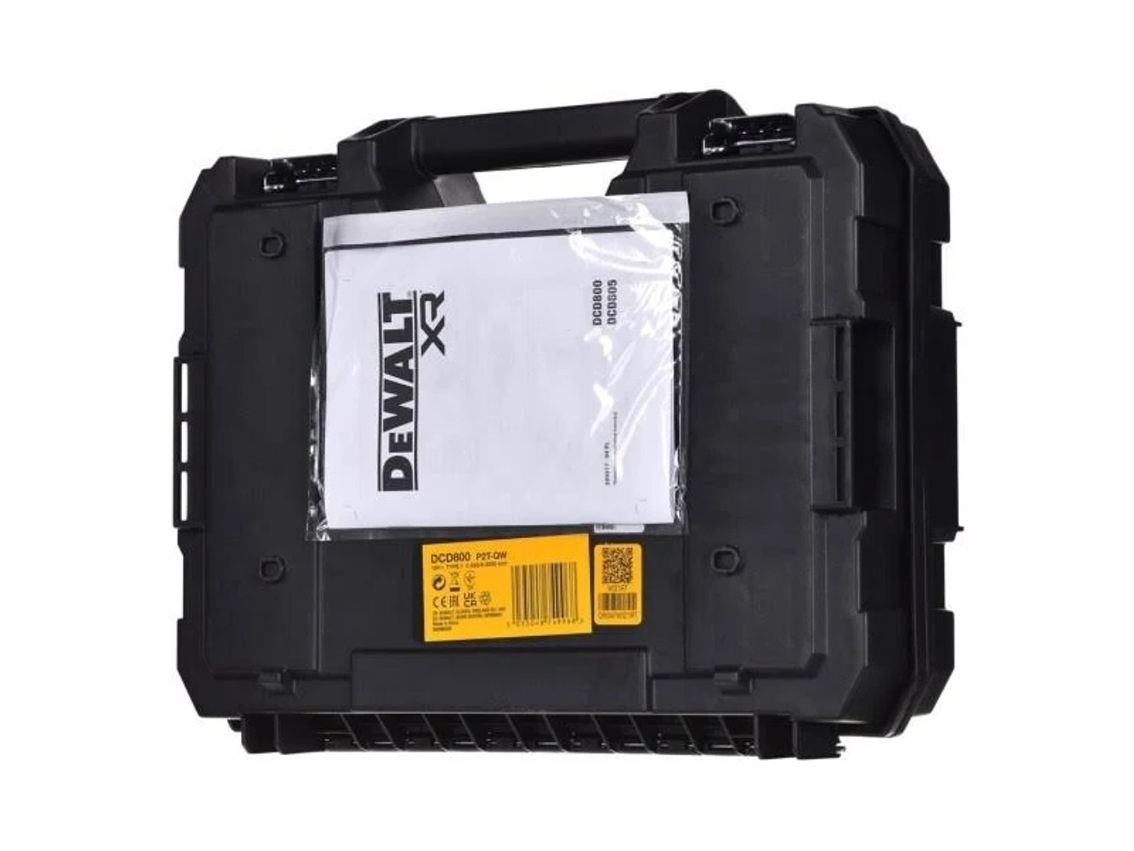 Un estuche negro con asa que contiene un manual. El logotipo de DeWalt está en el estuche.