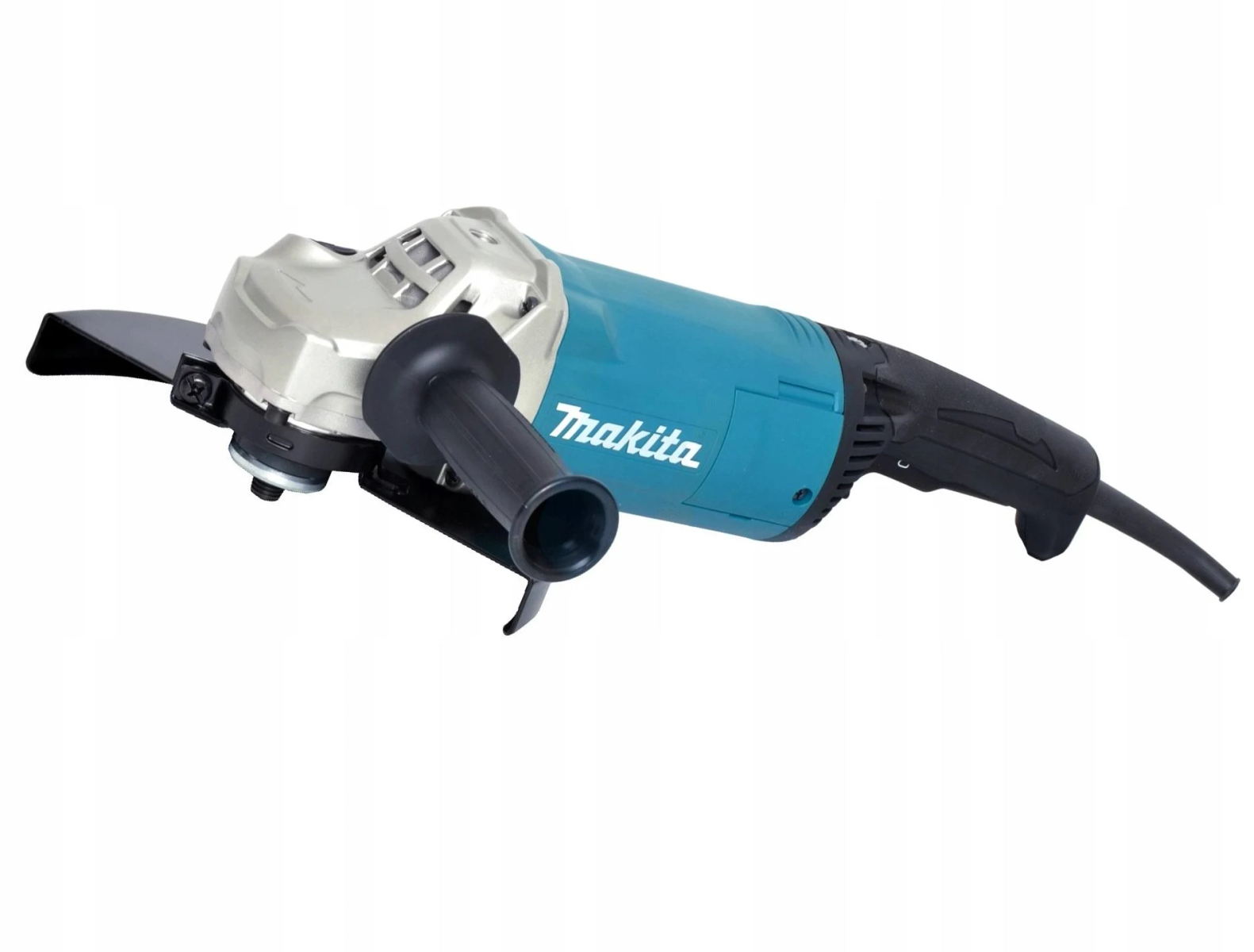Una amoladora angular Makita, turquesa y plateada. La herramienta está sobre un fondo blanco. Marca visible.
