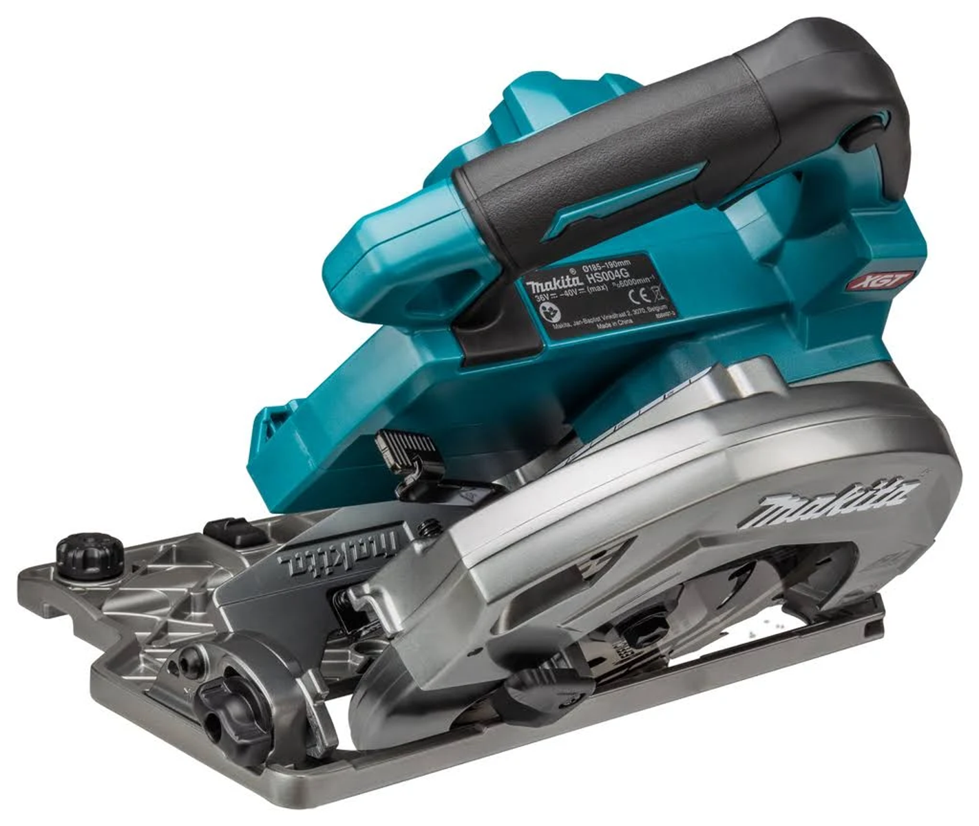 Turkusowo-srebrna pilarka tarczowa Makita na białej powierzchni.