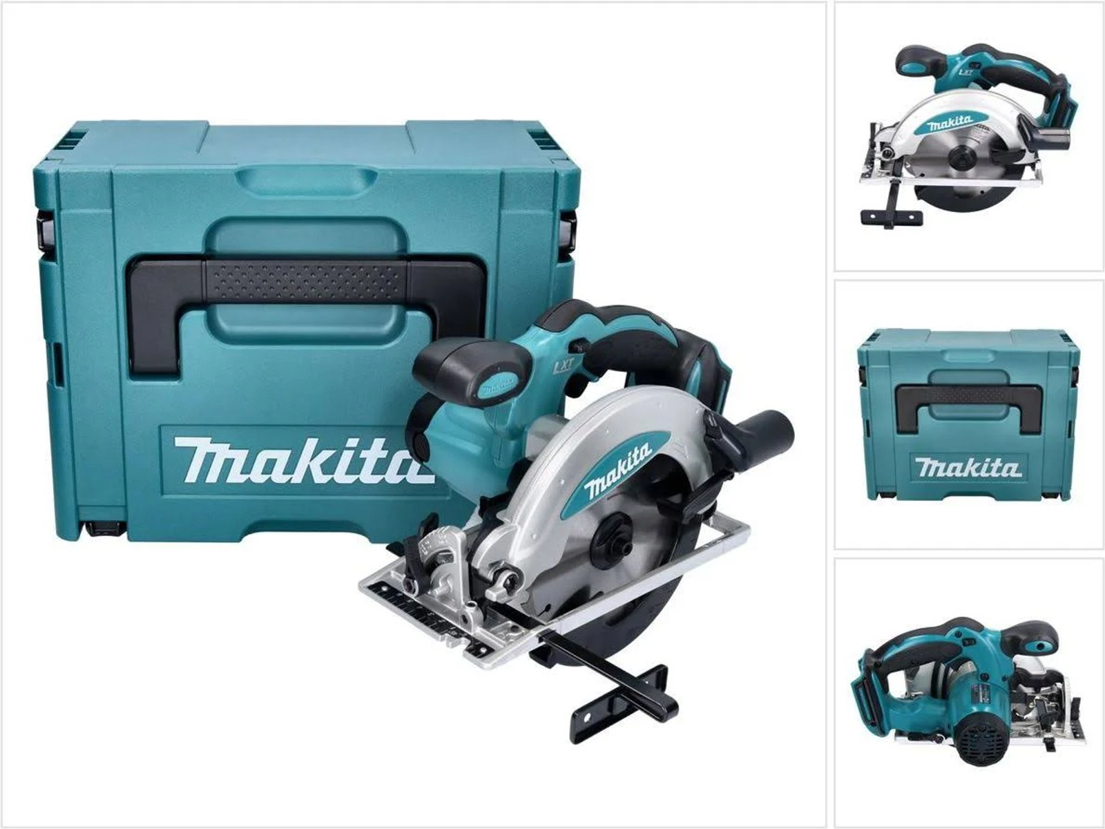 Una sierra circular Makita con maleta de transporte turquesa sobre fondo blanco.