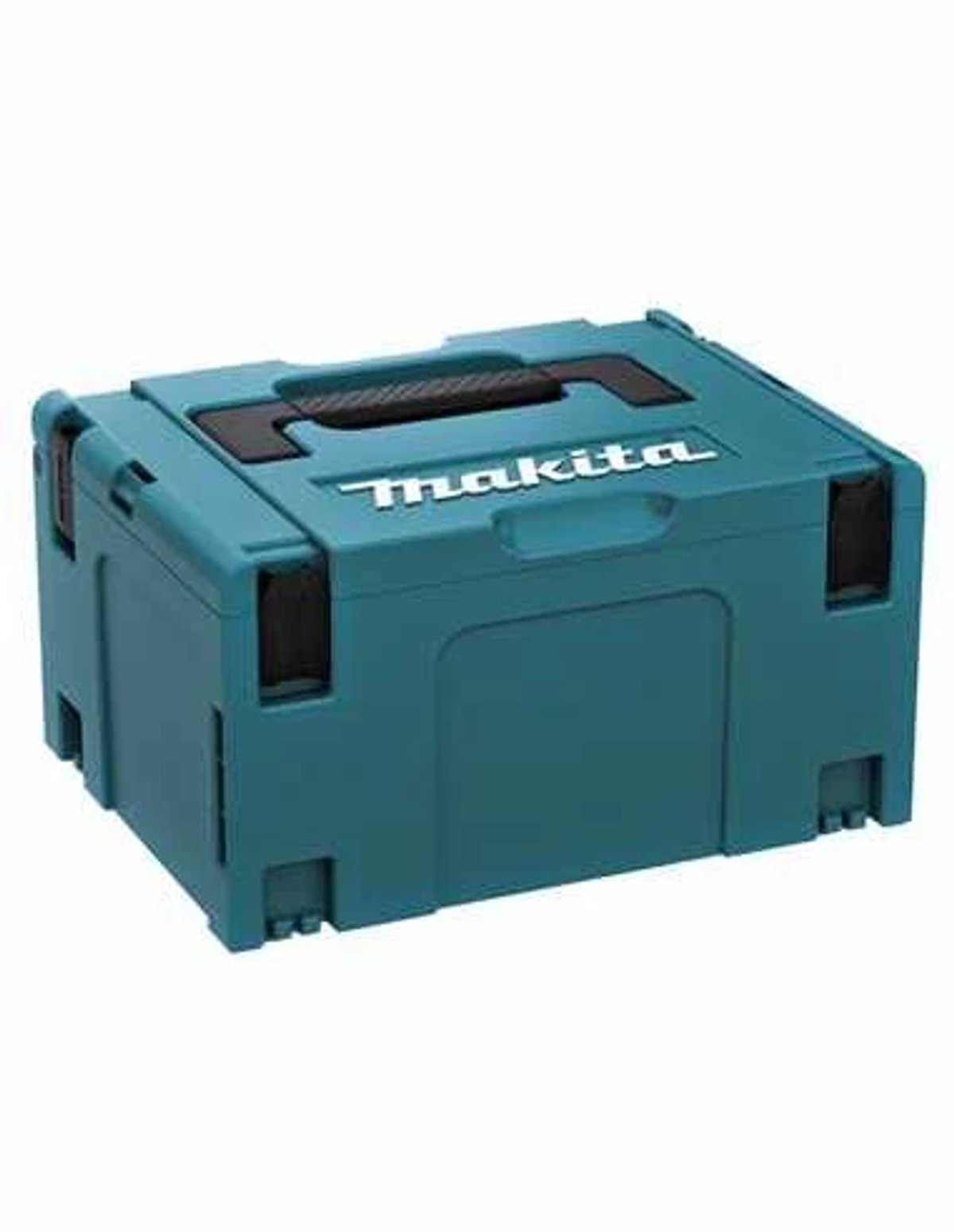 Una caja de herramientas Makita de color verde azulado. La caja tiene un asa negra y el logotipo de Makita.
