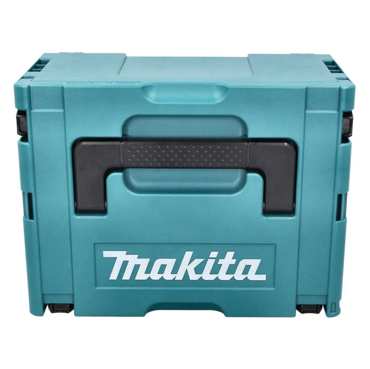 Una caja de almacenamiento Makita verde azulado con asa y logotipo negros.