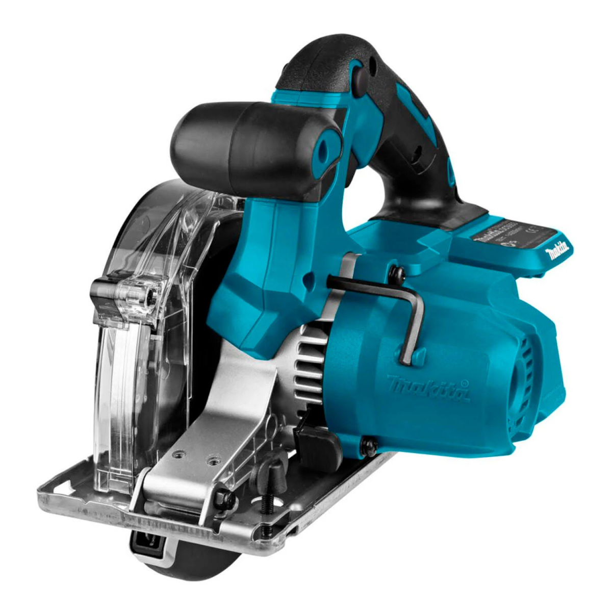 Turkusowo-czarna piła tarczowa z przezroczystą osłoną tarczy.