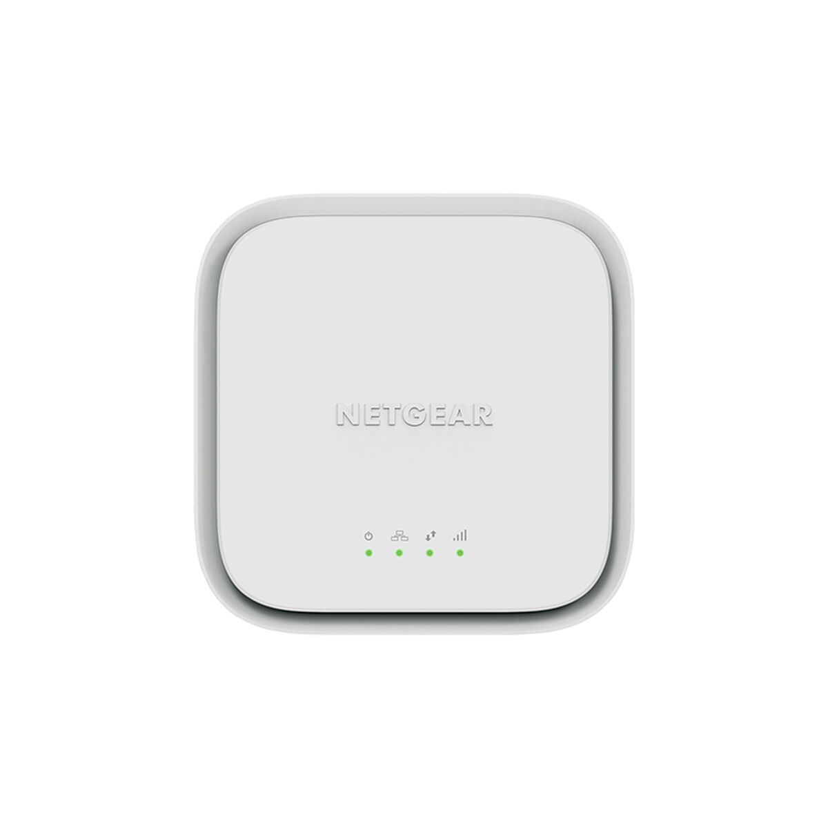 Extensor WiFi NETGEAR blanco. Tiene el nombre de la marca, con luces verdes.