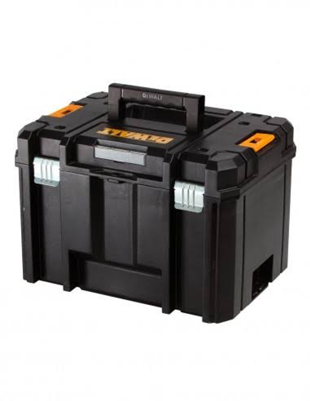 Schwarzer DeWalt-Werkzeugkoffer mit orangefarbenen Akzenten. Der Koffer hat einen Griff oben und steht auf weißem Grund.