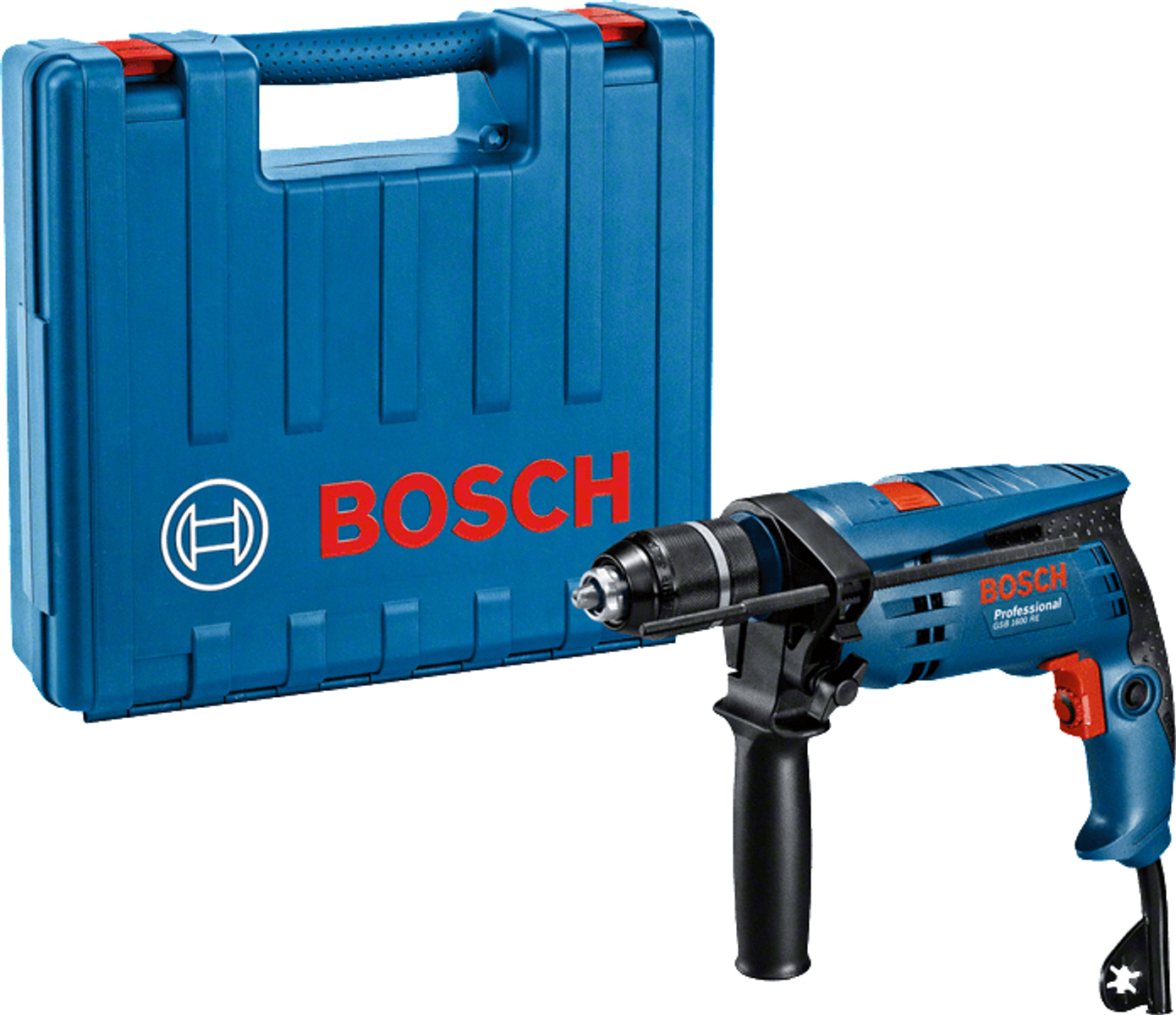 Un trapano e una custodia Bosch blu su sfondo bianco.