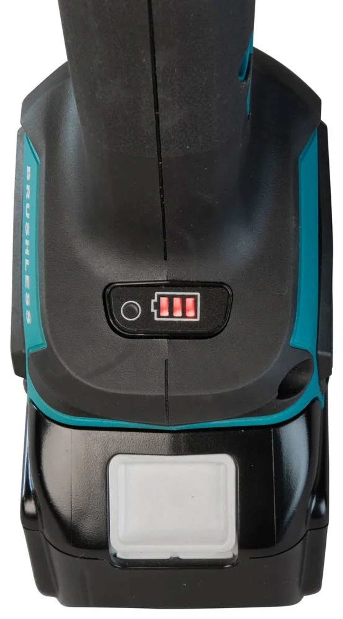 Czarne elektronarzędzie ze wskaźnikiem baterii pokazującym trzy czerwone paski.