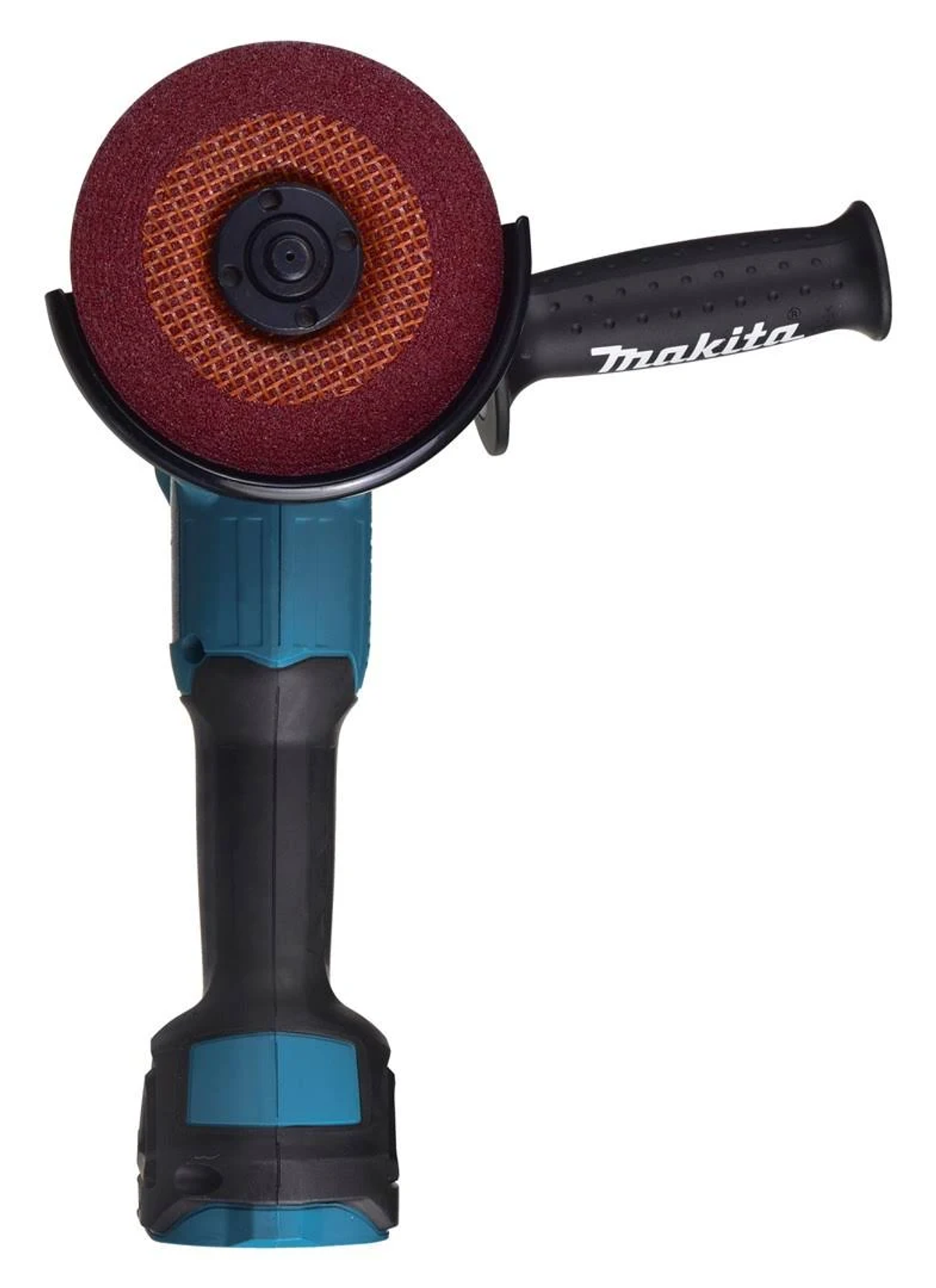 Szlifierka Makita z czerwoną tarczą szlifierską. Ma czarny uchwyt i niebiesko-zielony korpus.