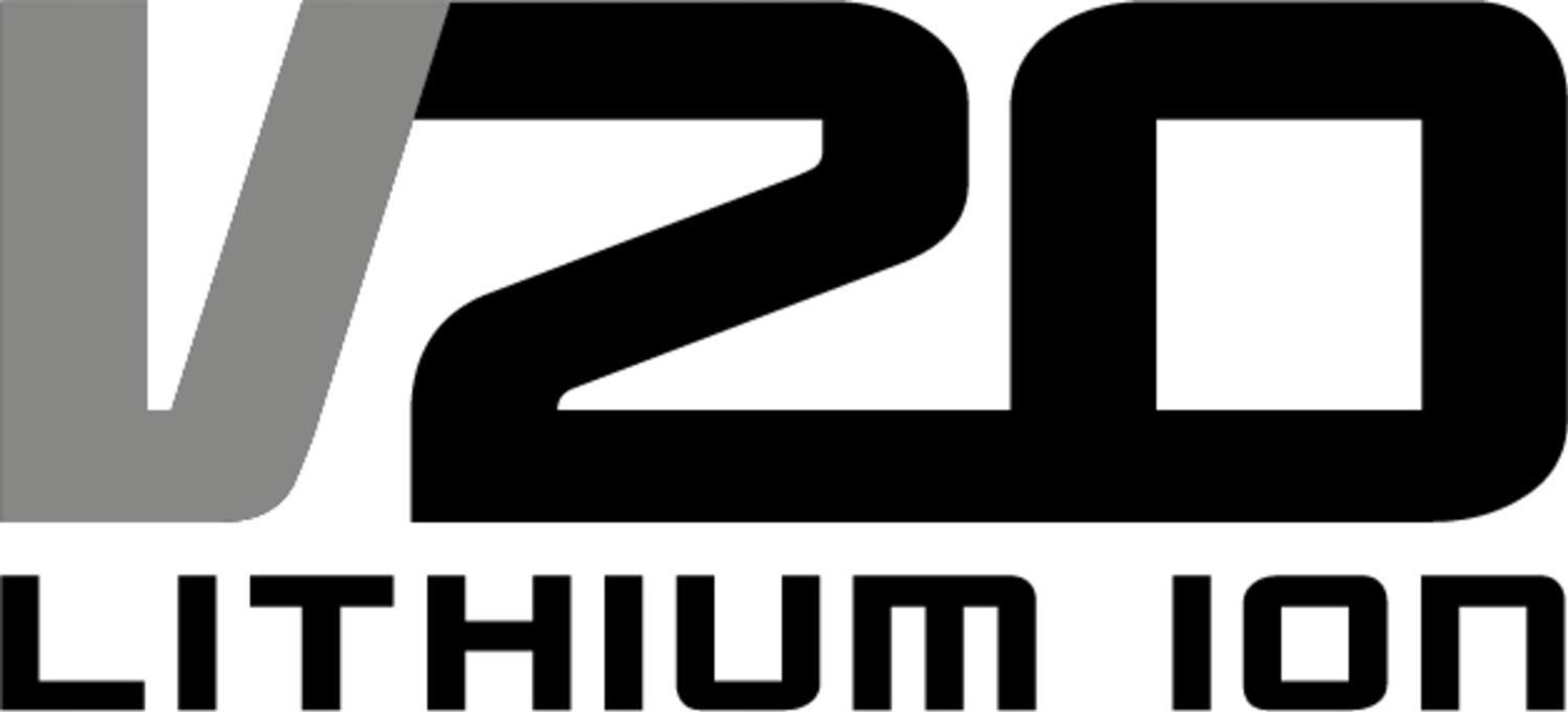 V20 Lithium Ion Logo in Grau und Schwarz auf weißem Hintergrund.