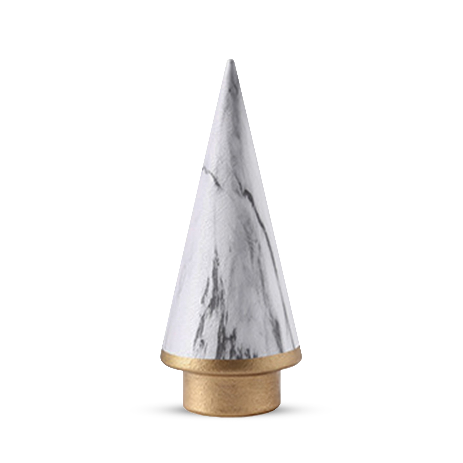 Un albero a forma di cono simile al marmo su una base dorata, su sfondo bianco.