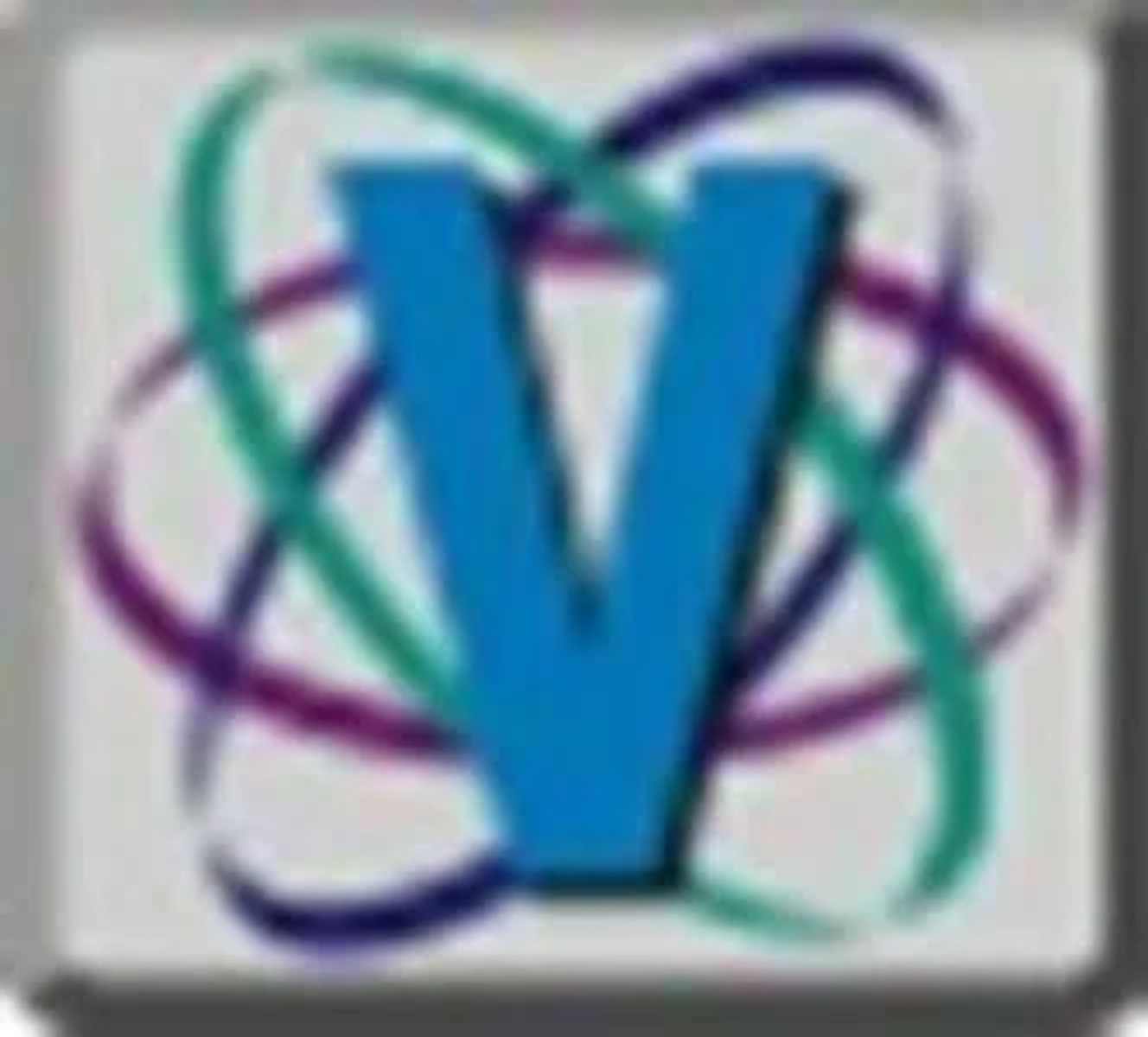 'V' azul en símbolo de átomo colorido, fondo blanco.