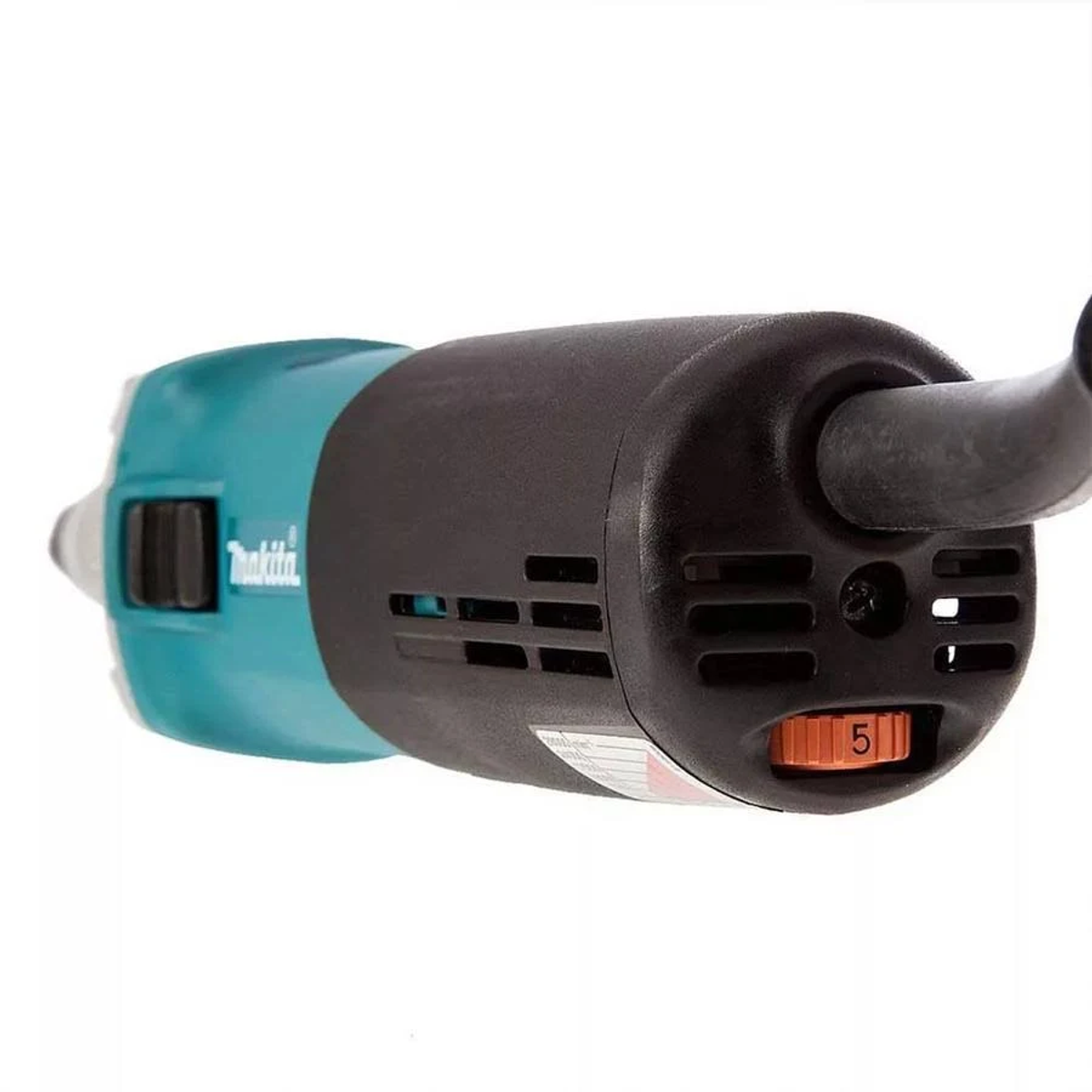 Una amoladora Makita de color verde azulado y negro con un cable de alimentación negro. El dial indica 5.