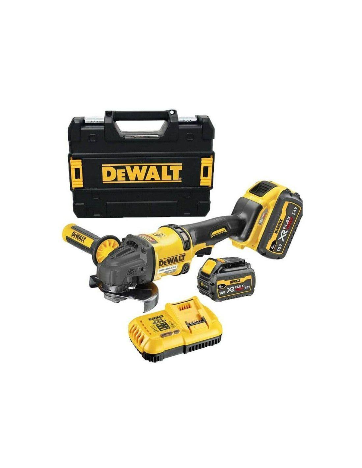 Un juego de herramientas DeWalt que incluye una amoladora, cargador, baterías y una maleta.
