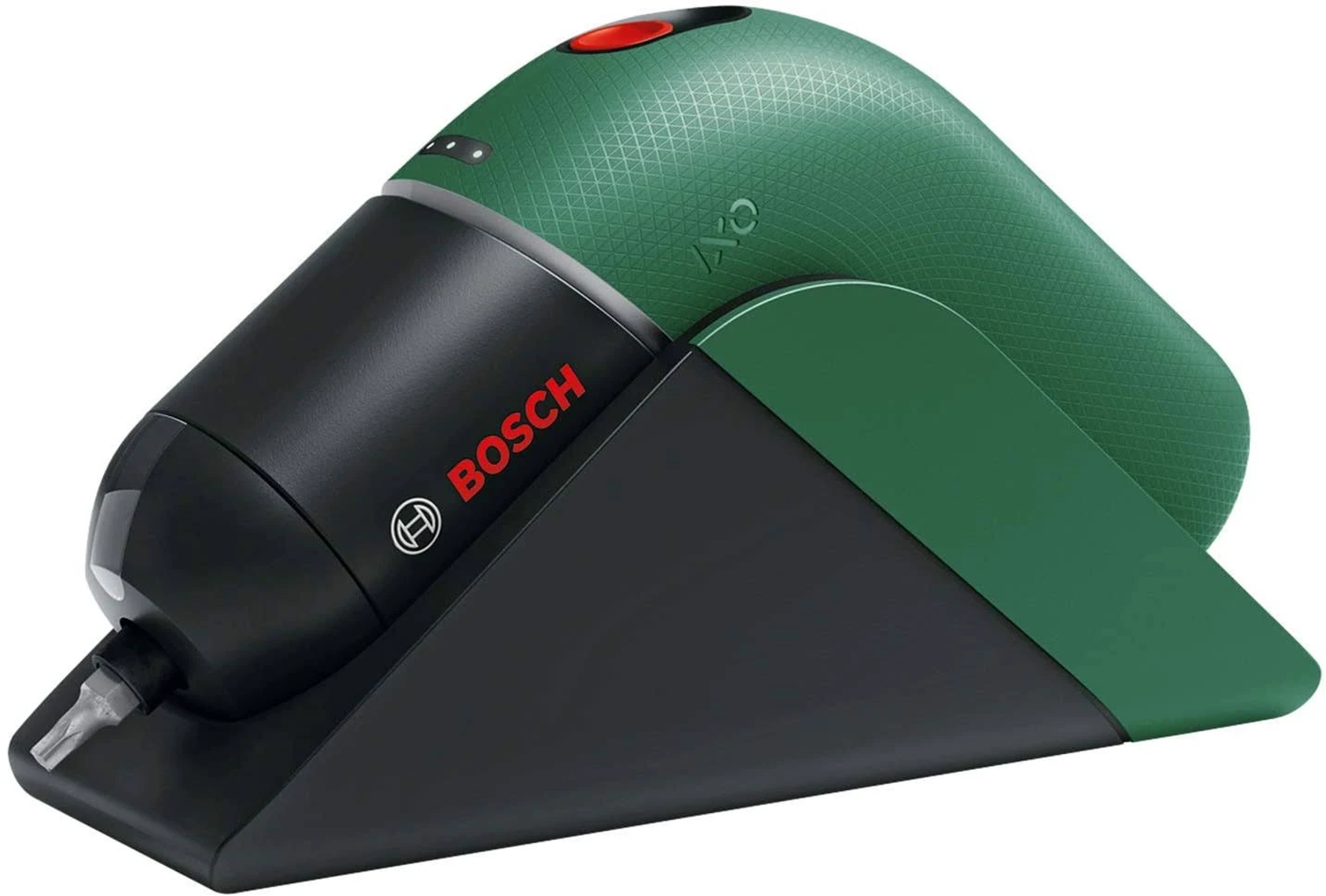 Un destornillador inalámbrico Bosch verde y negro con una base de carga sobre un fondo blanco.