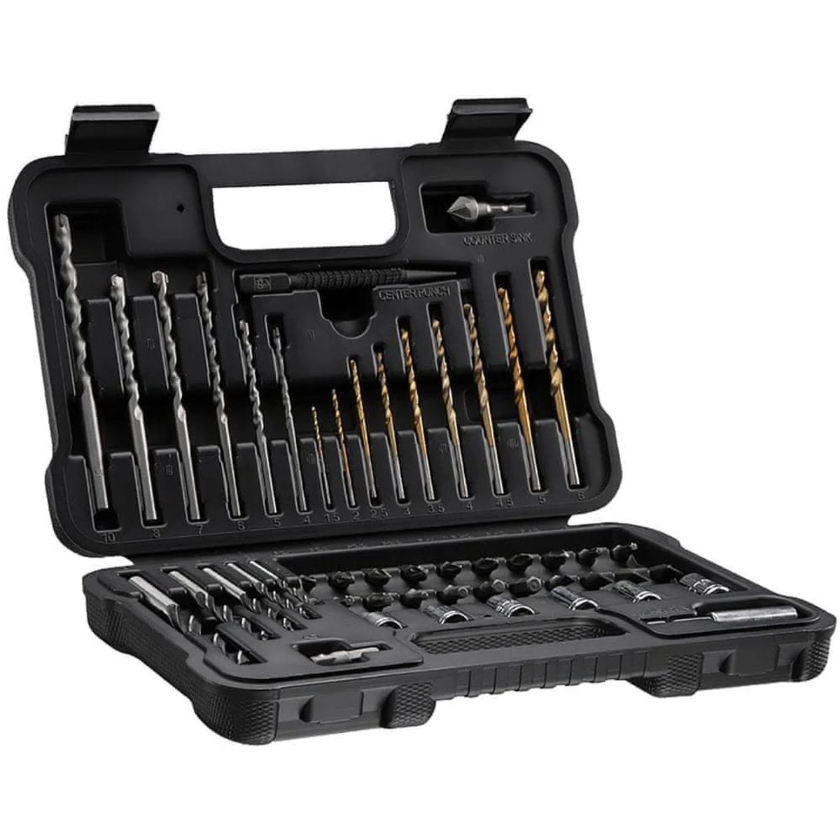 Caja de herramientas negra, que contiene varias brocas y herramientas.