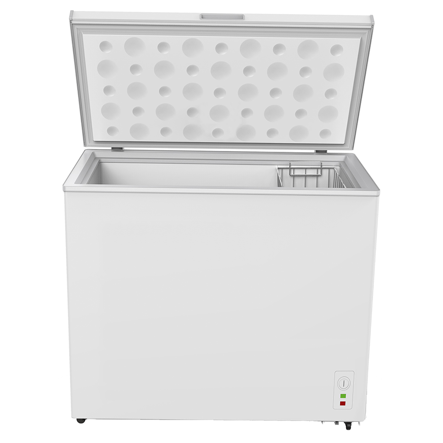 Congelatore a pozzetto bianco con coperchio aperto. L'interno contiene un cestello portaoggetti.