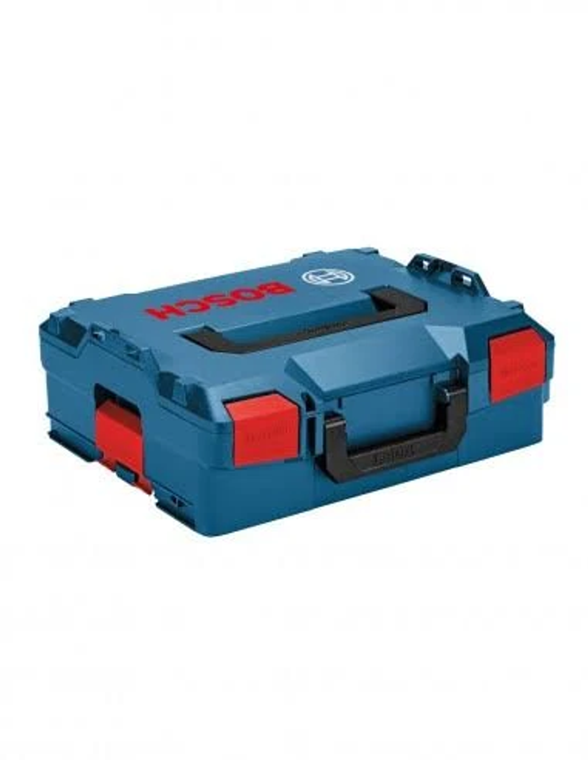 Una caja de herramientas azul Bosch con asa y cierres rojos, sobre fondo blanco.