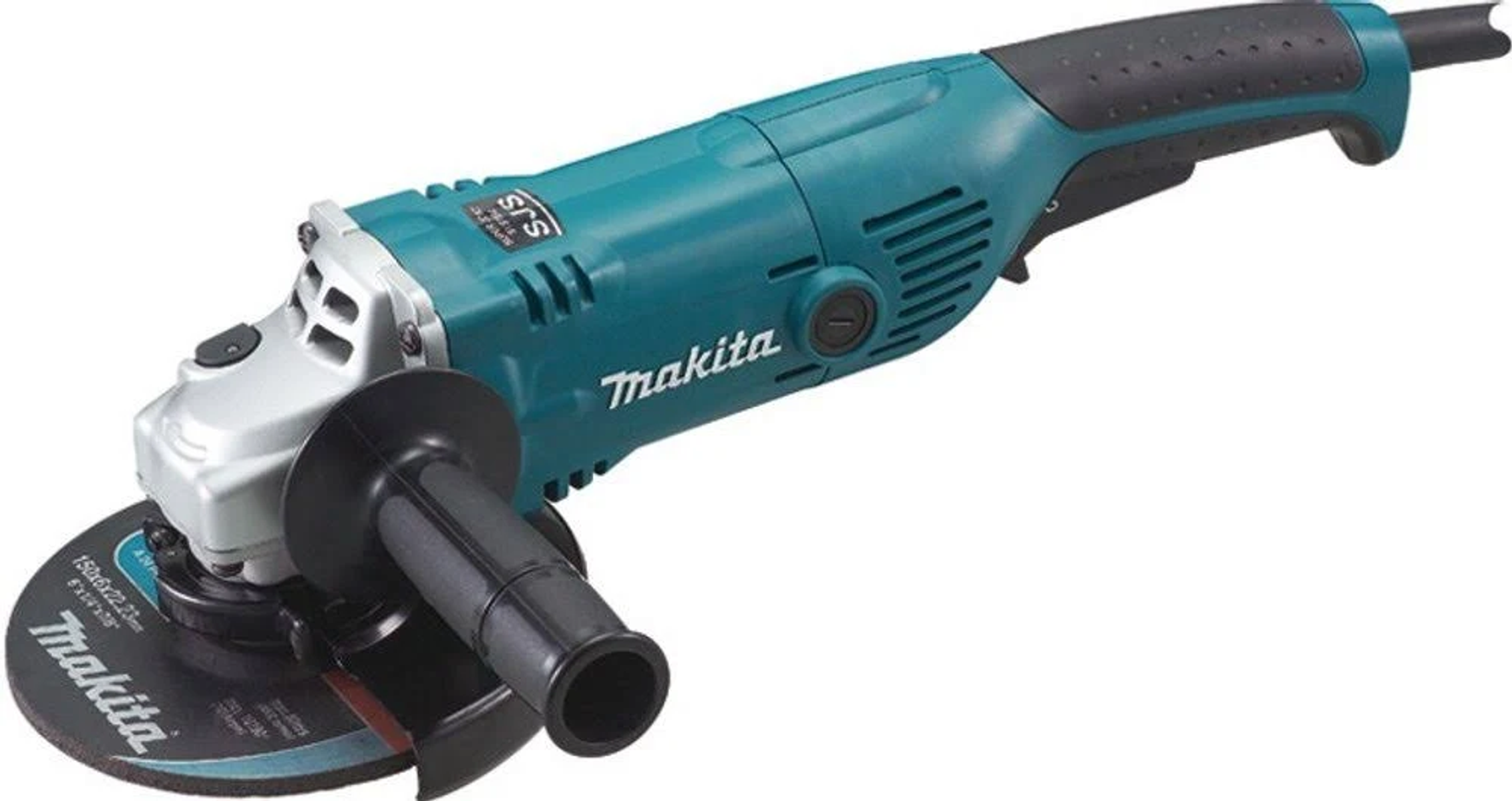 Amoladora angular Makita turquesa, mango negro, disco plateado.