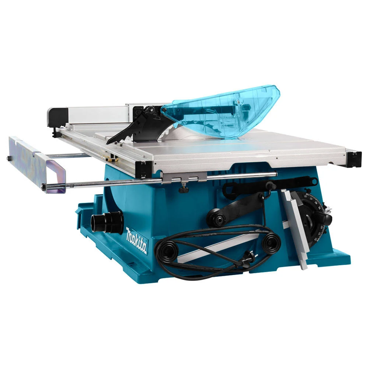 Una sierra de mesa Makita con protector de seguridad azul y base verde azulado.