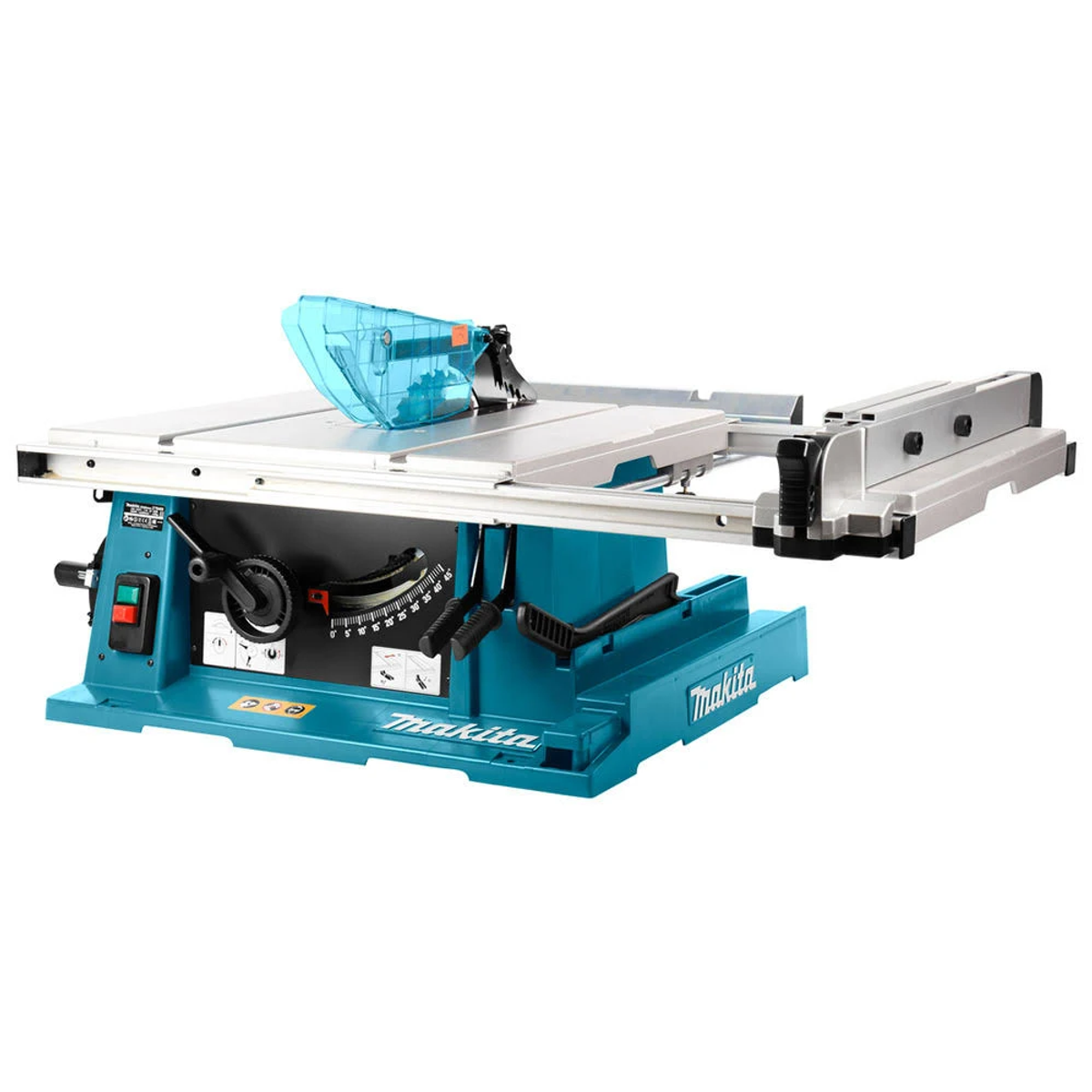 Una sierra de mesa Makita azul y plateada con un protector de seguridad de plástico transparente. Está sobre una superficie blanca.