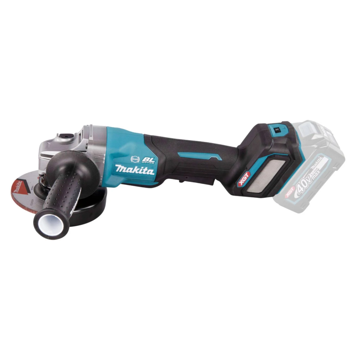 Une meuleuse d'angle Makita, turquoise et noire, avec une poignée noire et un disque de meulage.