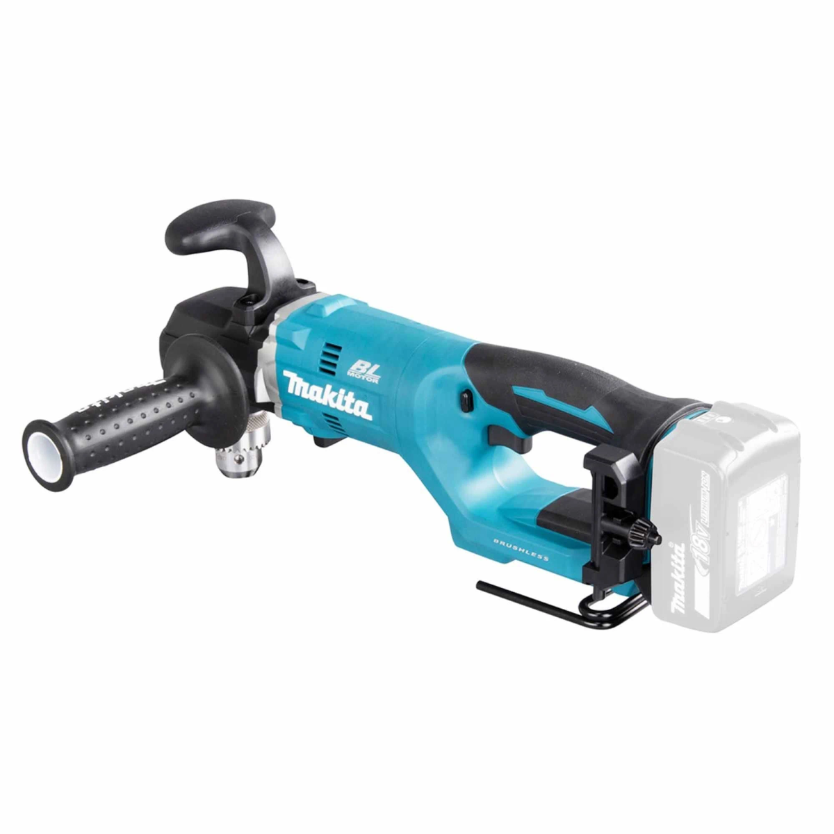 Una herramienta eléctrica Makita de color verde azulado con un mango y una batería, sobre fondo blanco.