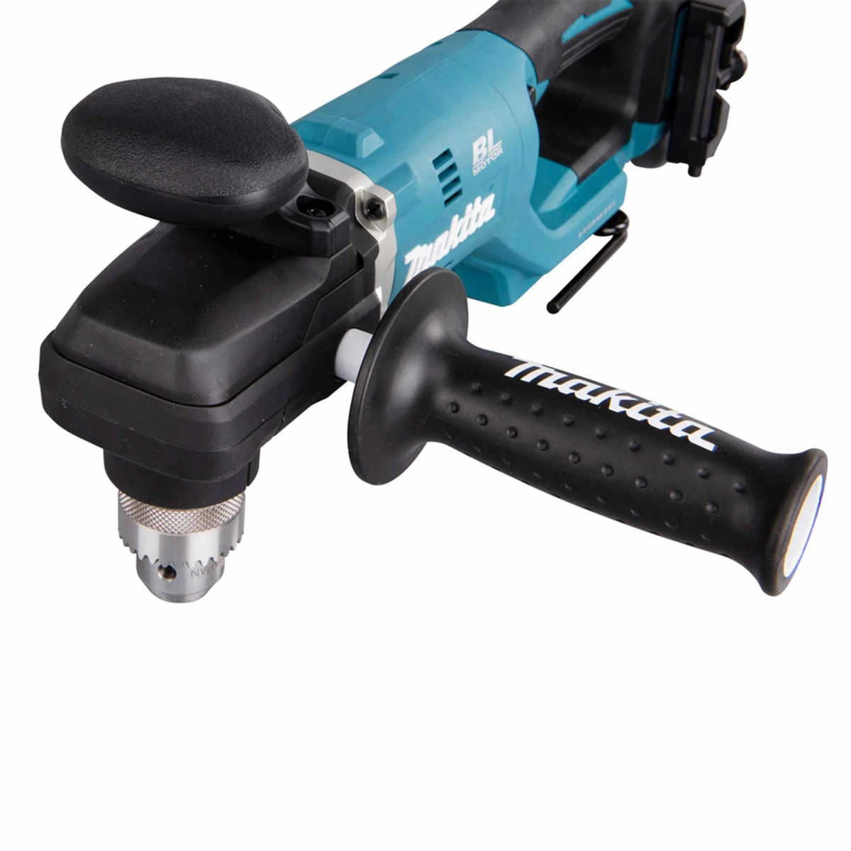 Taladro angular Makita azul y negro, con mango y portabrocas negros, sobre fondo blanco.