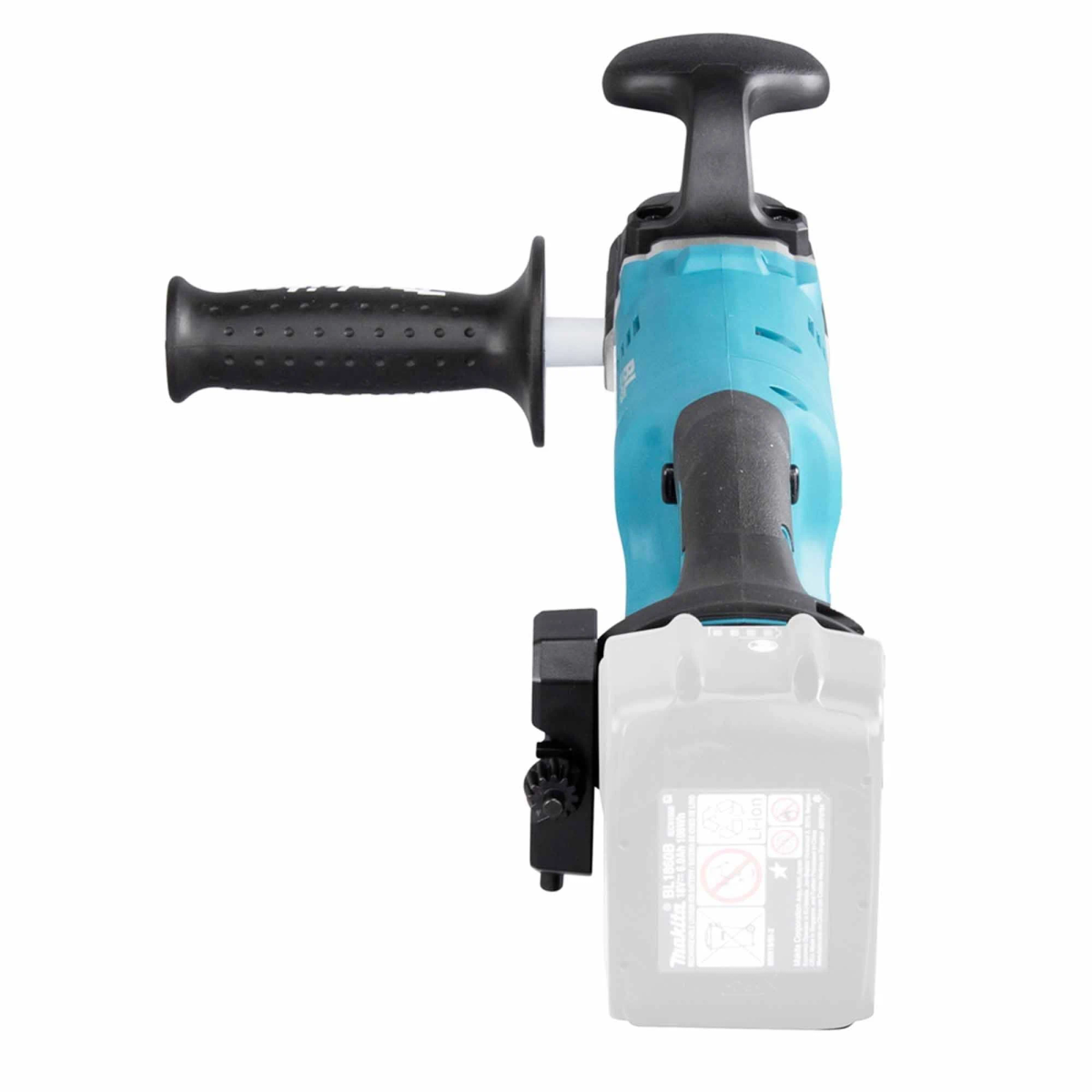 Herramienta eléctrica azul y negra con mango negro. Una batería blanca está unida a la base de la herramienta.