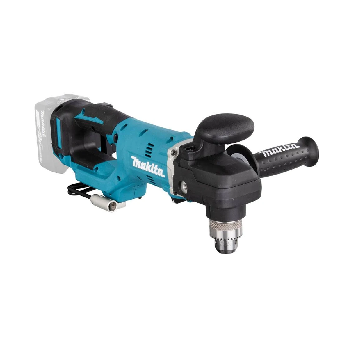 Un taladro angular Makita turquesa con una batería sobre fondo blanco.