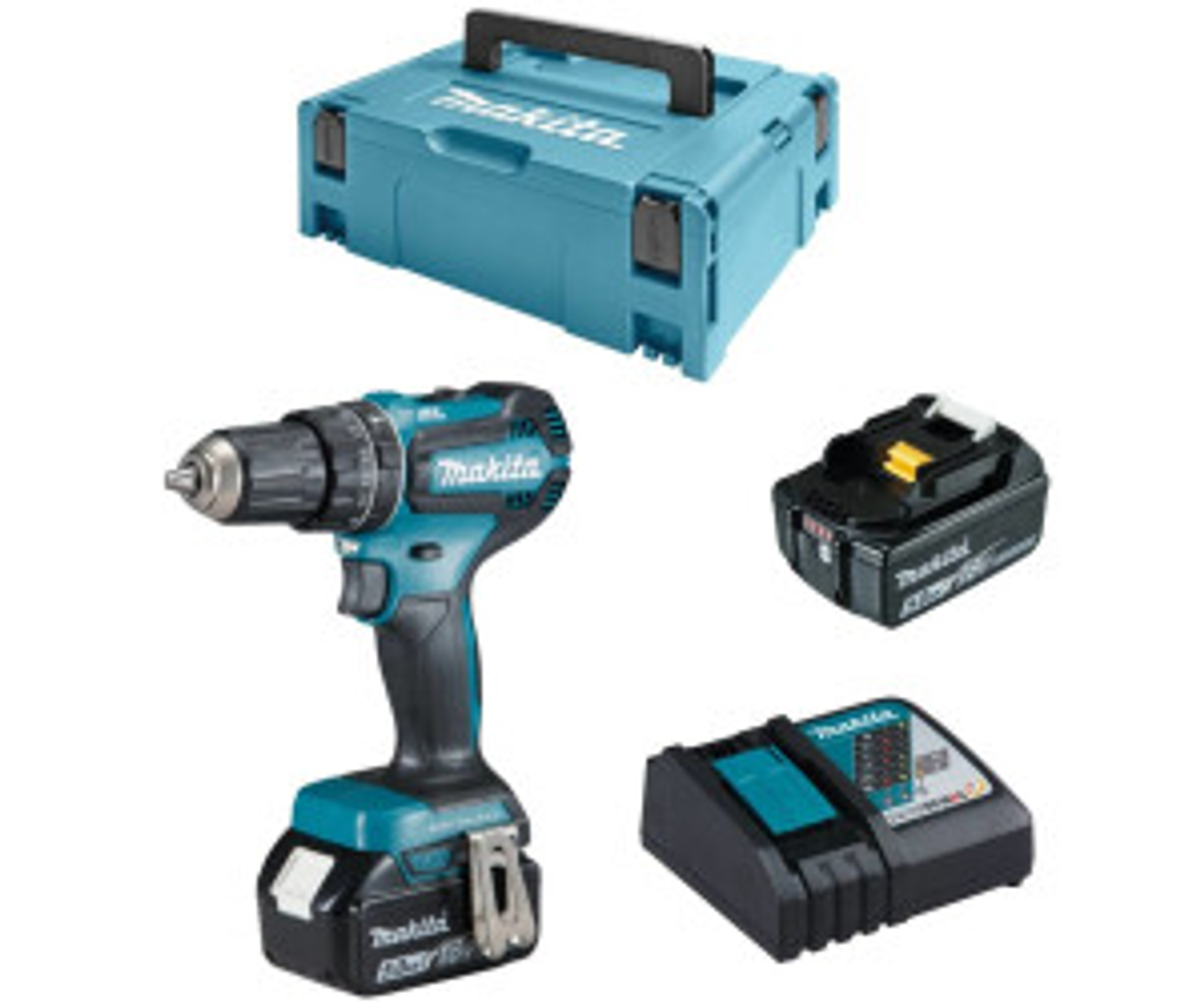 Zestaw narzędzi Makita: wiertarka, akumulator, ładowarka i walizka, wszystko w odcieniach niebieskiego i czarnego.