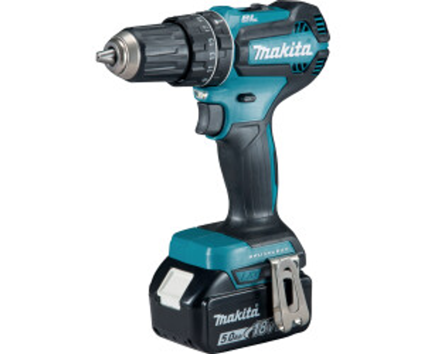 Niebiesko-czarna wiertarka Makita z baterią na białym tle.