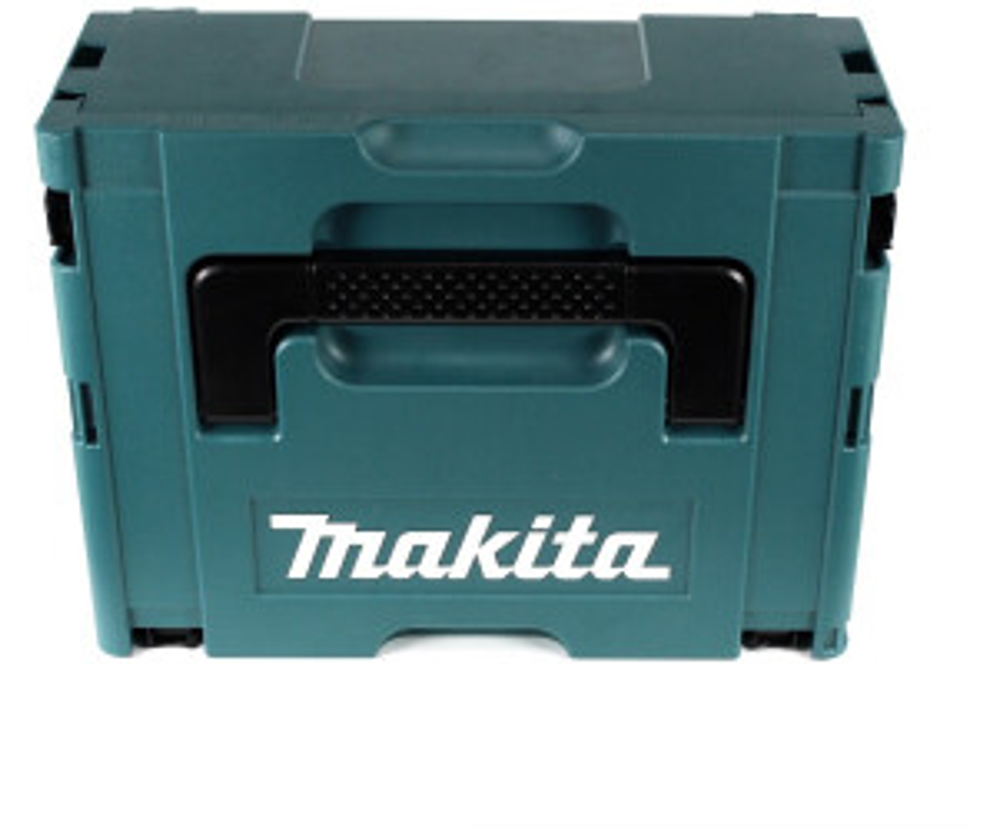 Turkusowy pojemnik do przechowywania Makita. Ma czarny uchwyt, a logo Makita jest wydrukowane na biało.