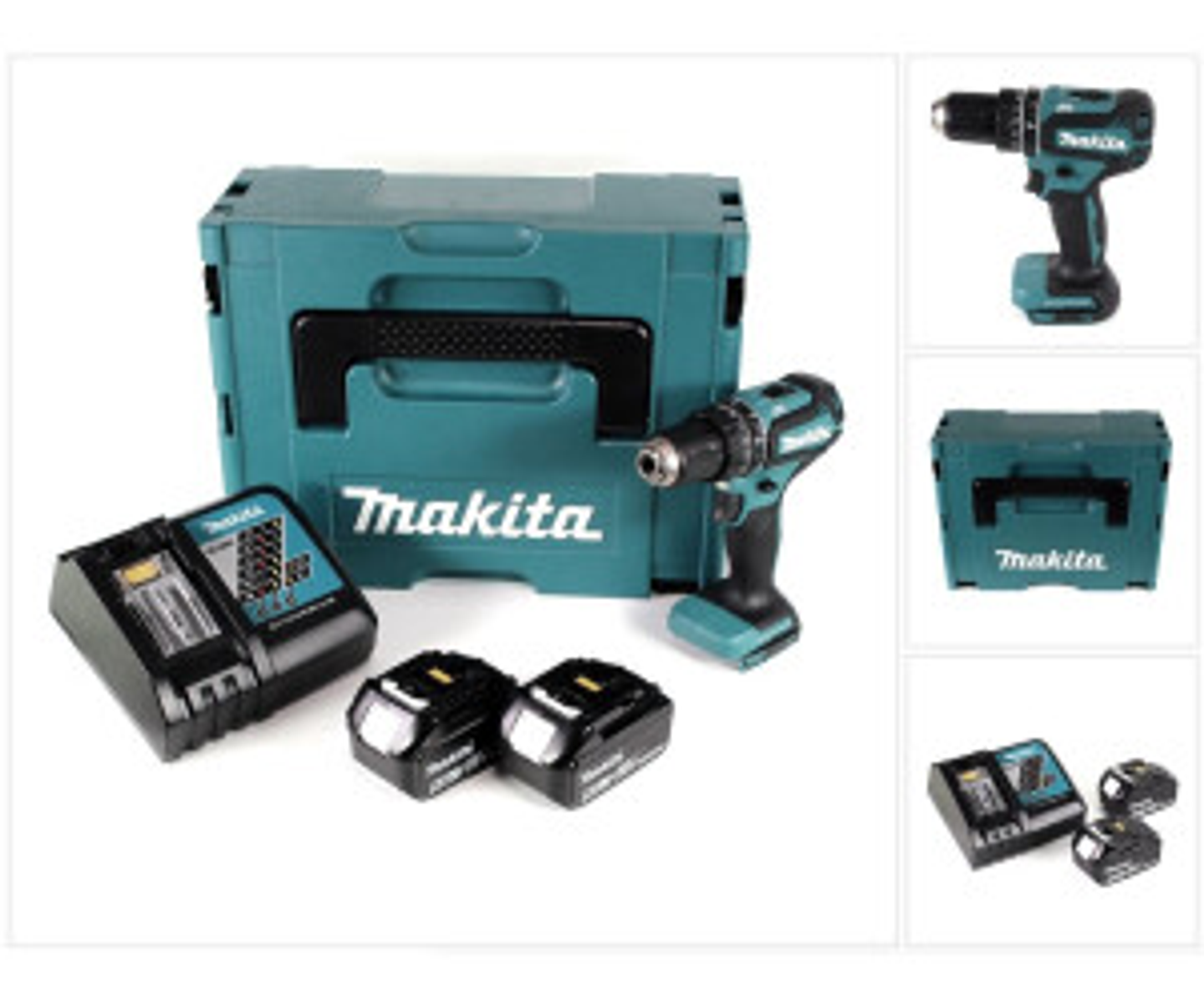 Zestaw wiertarski Makita z turkusową walizką, akumulatorami, ładowarką i samą wiertarką.