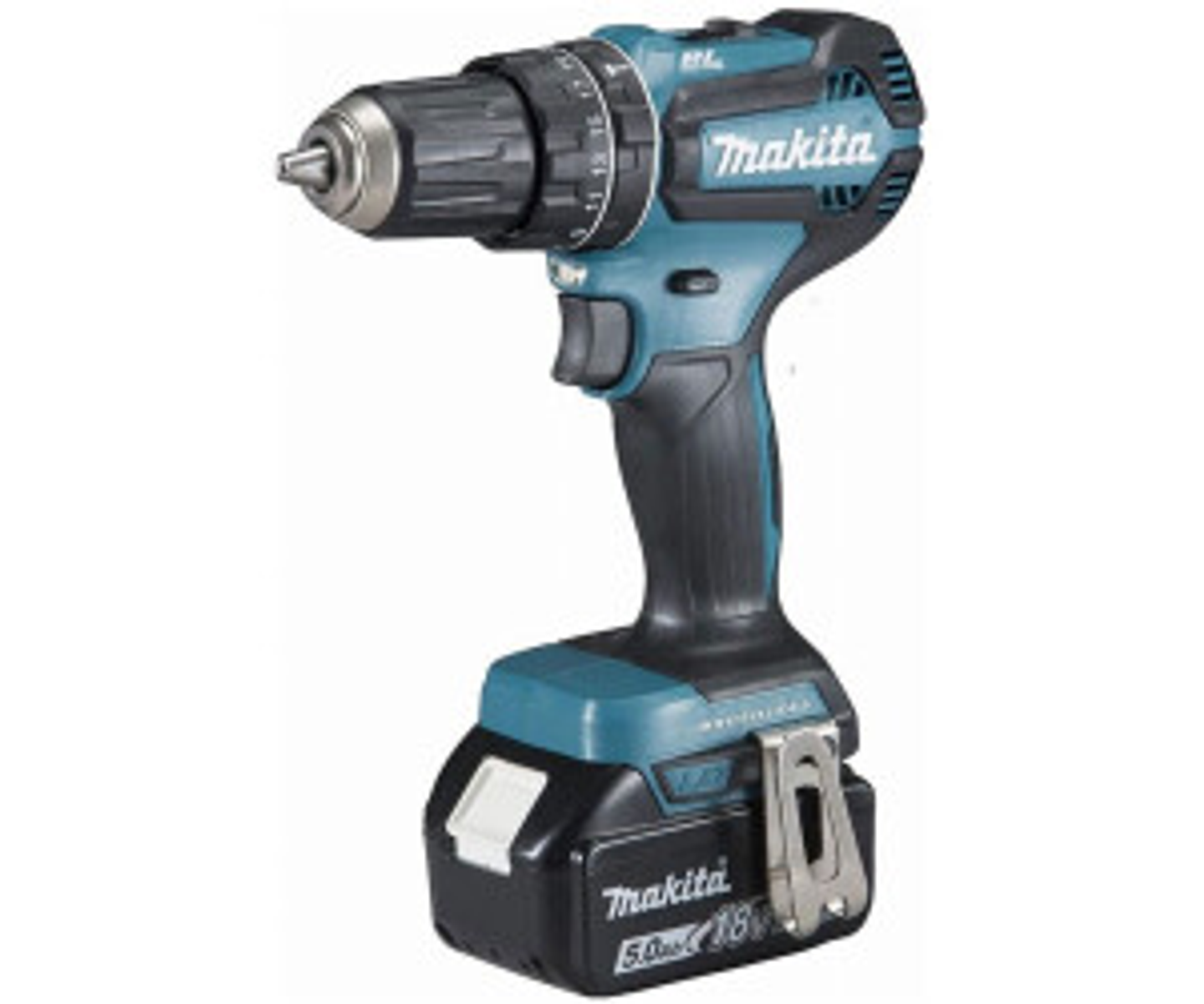 Niebiesko-czarna wiertarka bezprzewodowa. Wystaje srebrne wiertło. Widoczne logo Makita.