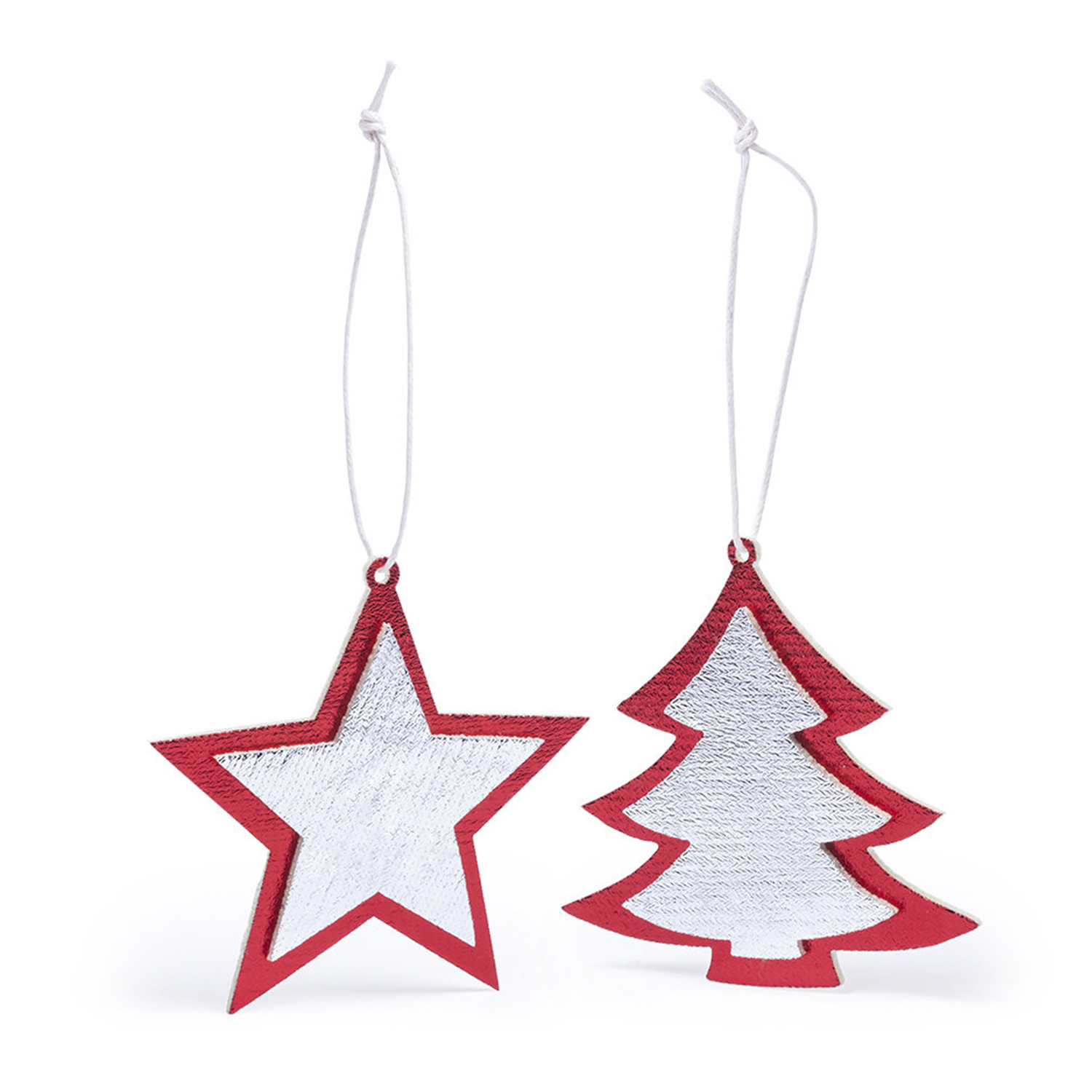 Due decorazioni natalizie: una stella e un albero di Natale. Entrambe rosse e argentate.