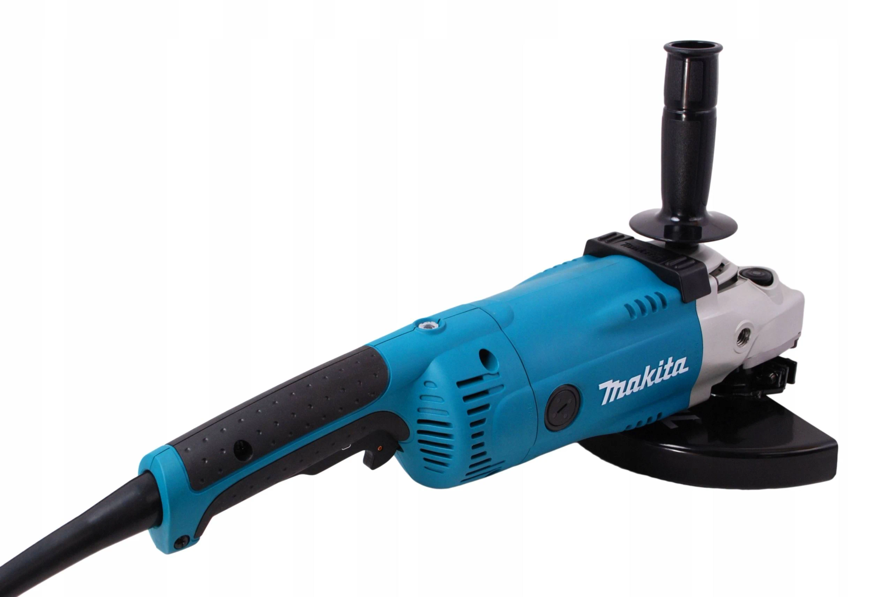Szlifierka kątowa Makita, turkusowy korpus, czarny uchwyt, na białym tle.
