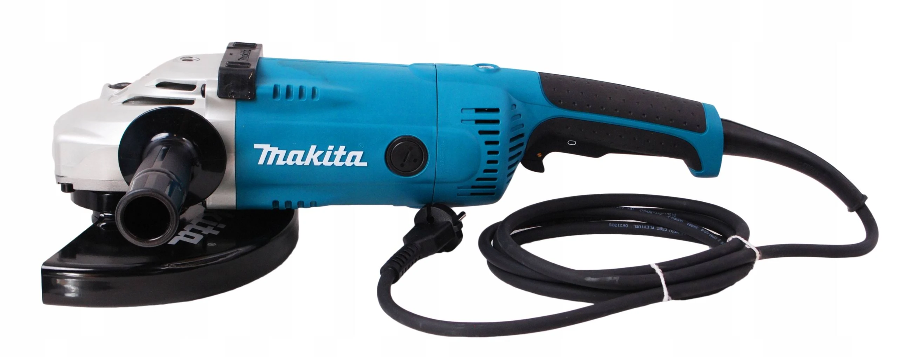 Szlifierka kątowa Makita, turkusowa i czarna, z tarczą, kablem zasilającym i uchwytem.