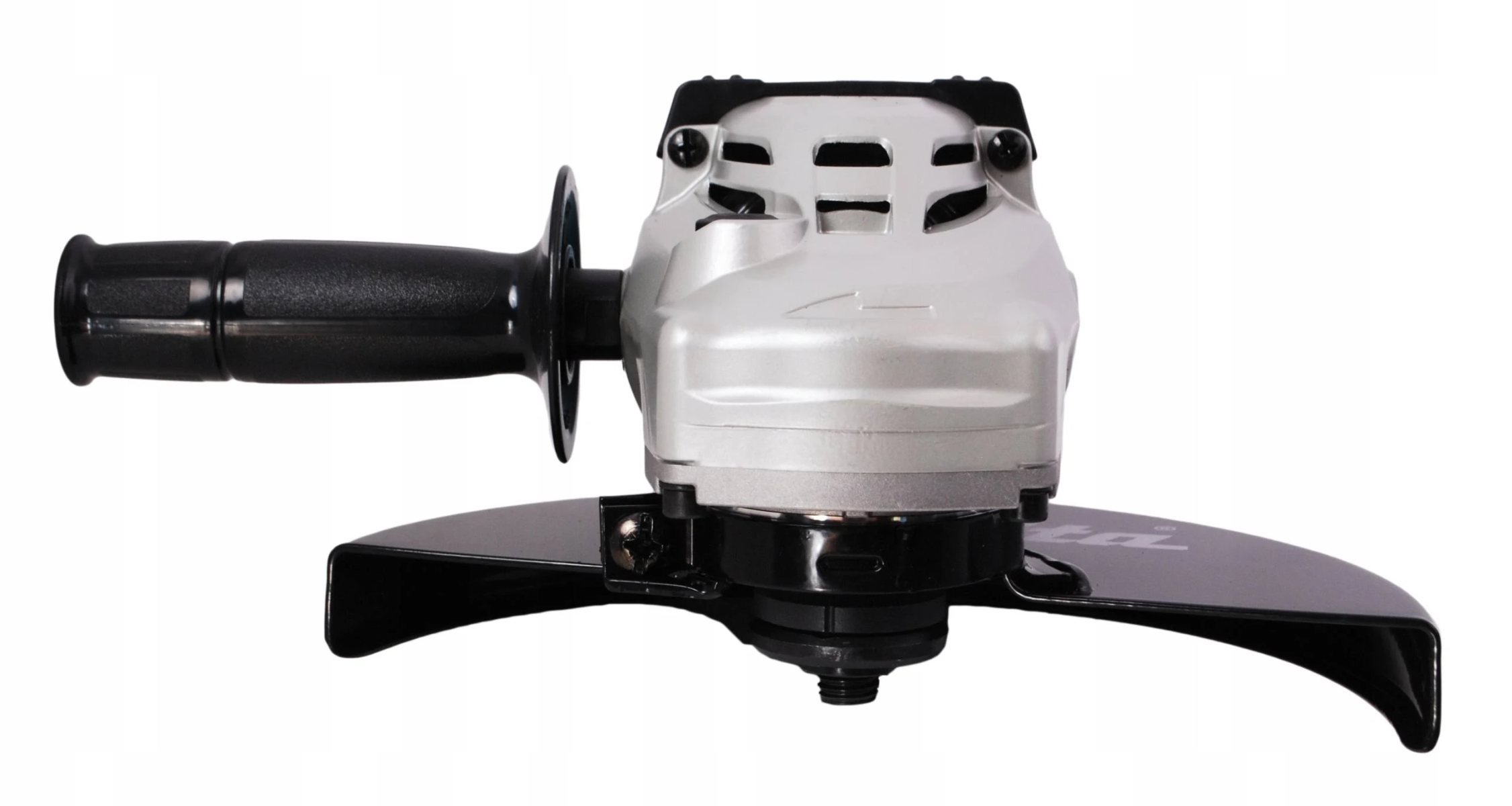 Szlifierka kątowa Makita, srebrna i czarna, z bocznym uchwytem, na białym tle.