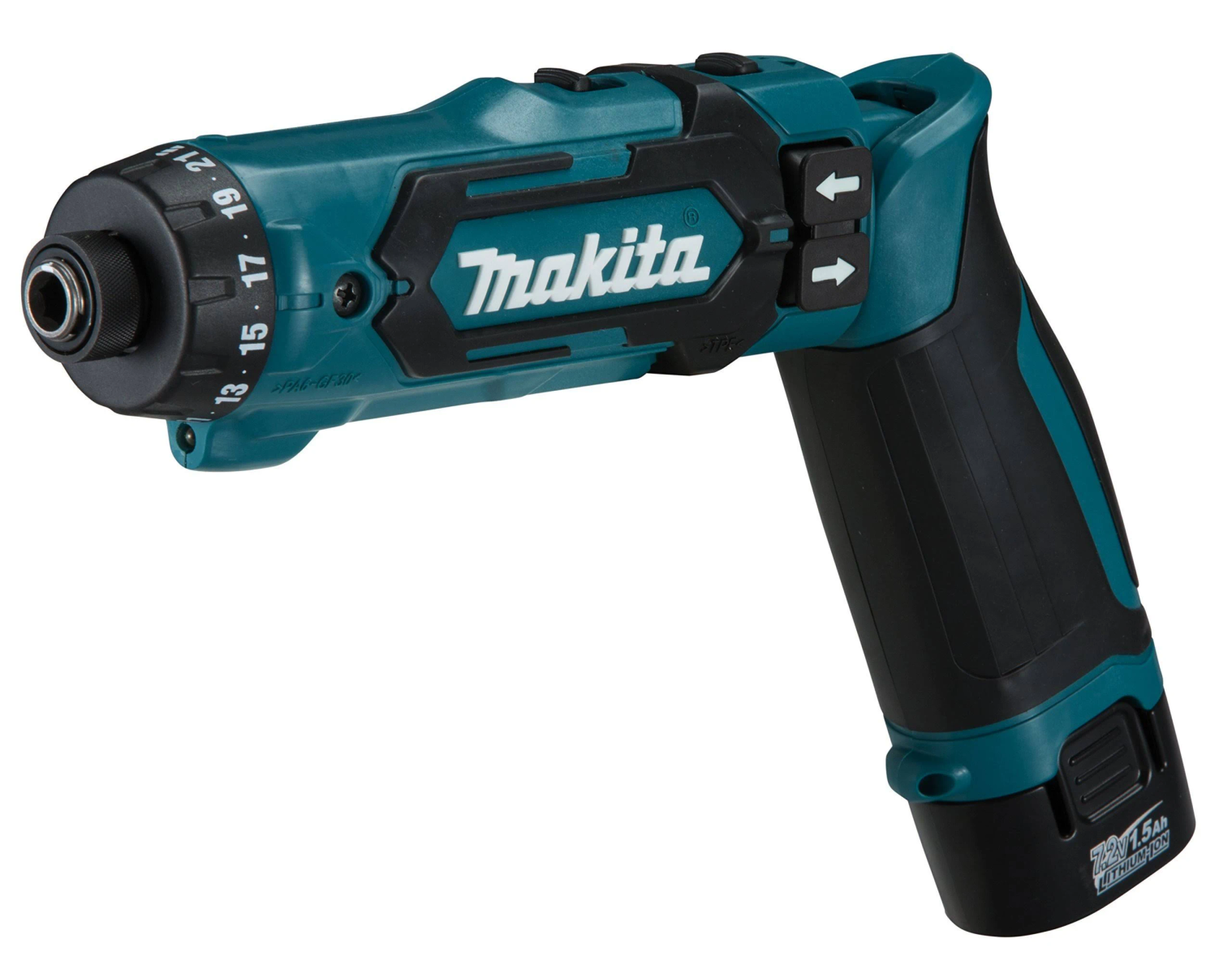 Zielono-czarna wkrętarka akumulatorowa Makita. Umieszczona na białym tle.