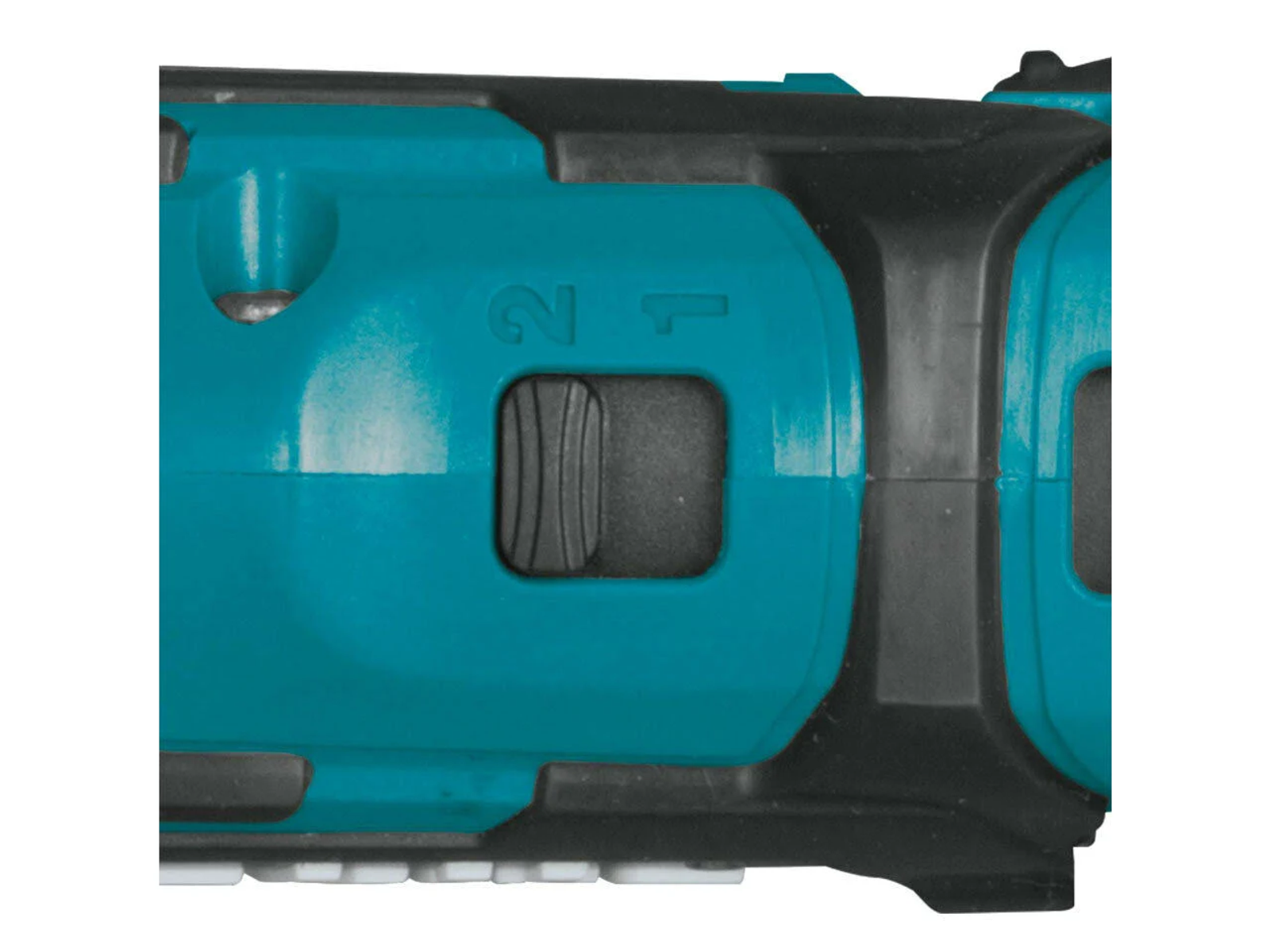 Zbliżenie przełącznika na turkusowo-czarnej wiertarce. Numery 1 i 2 na przełączniku.