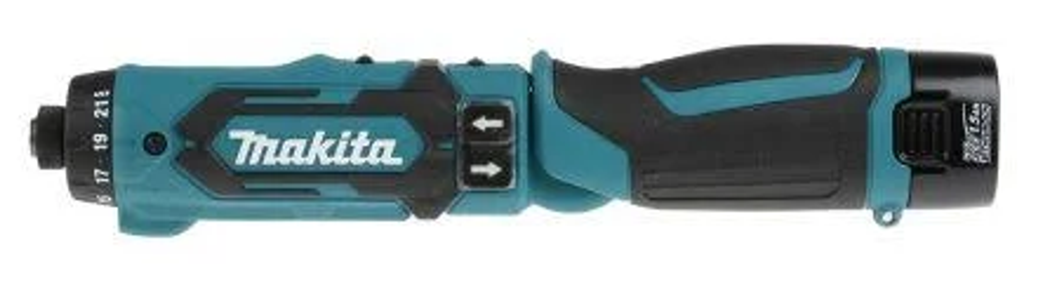 Turkusowo-czarna wkrętarka akumulatorowa Makita na białym tle. Wkrętarka jest pozioma.