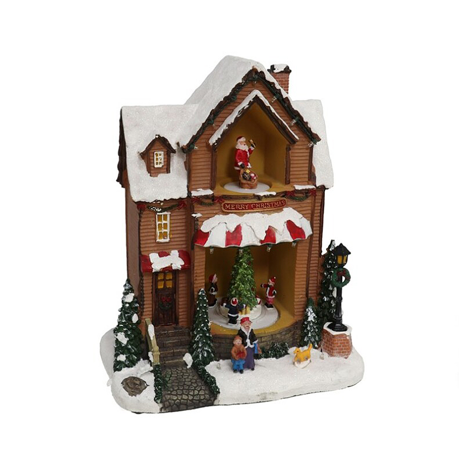 Scena del villaggio di Natale con casa innevata e figure.